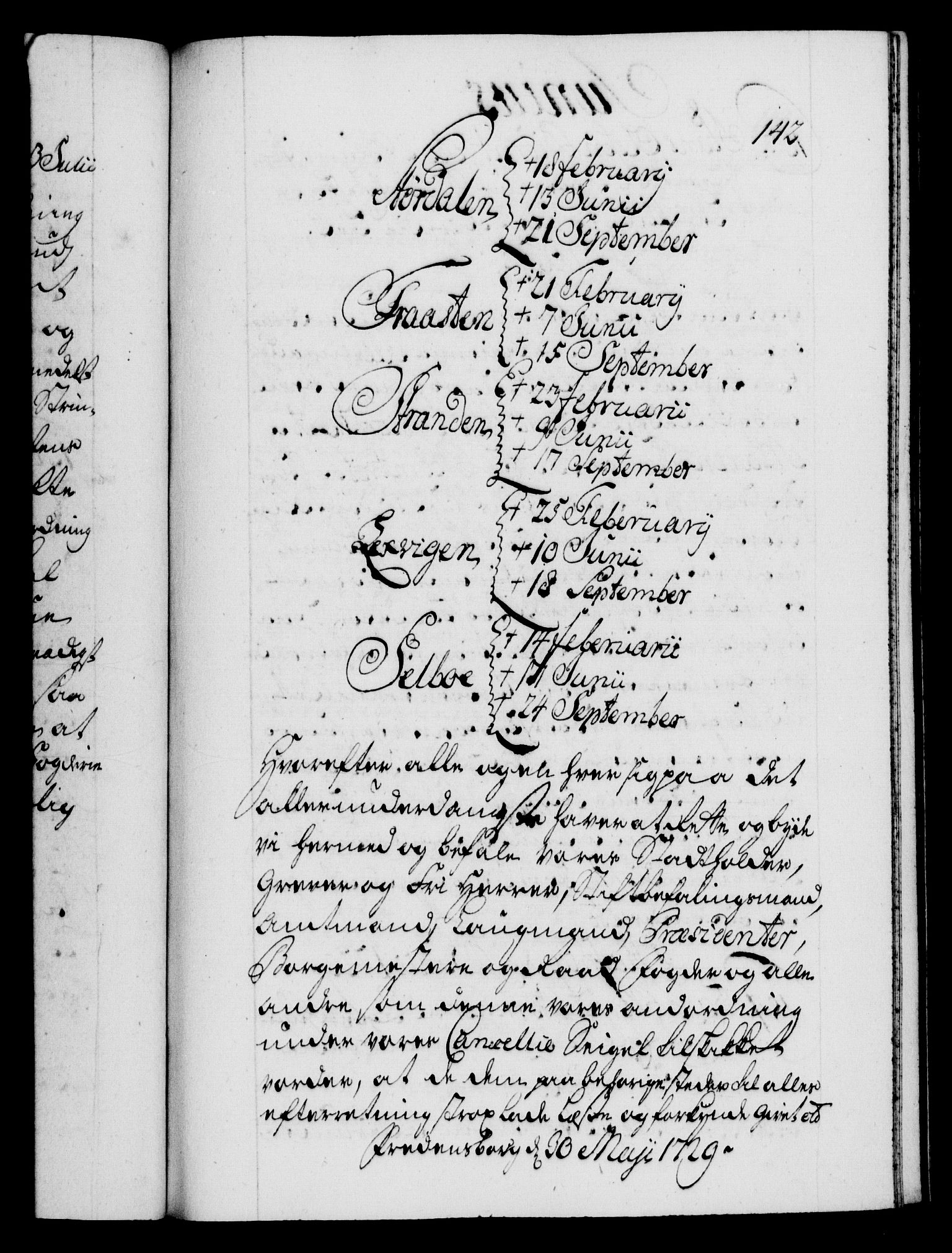 Danske Kanselli 1572-1799, AV/RA-EA-3023/F/Fc/Fca/Fcaa/L0026: Norske registre, 1729-1730, p. 142a