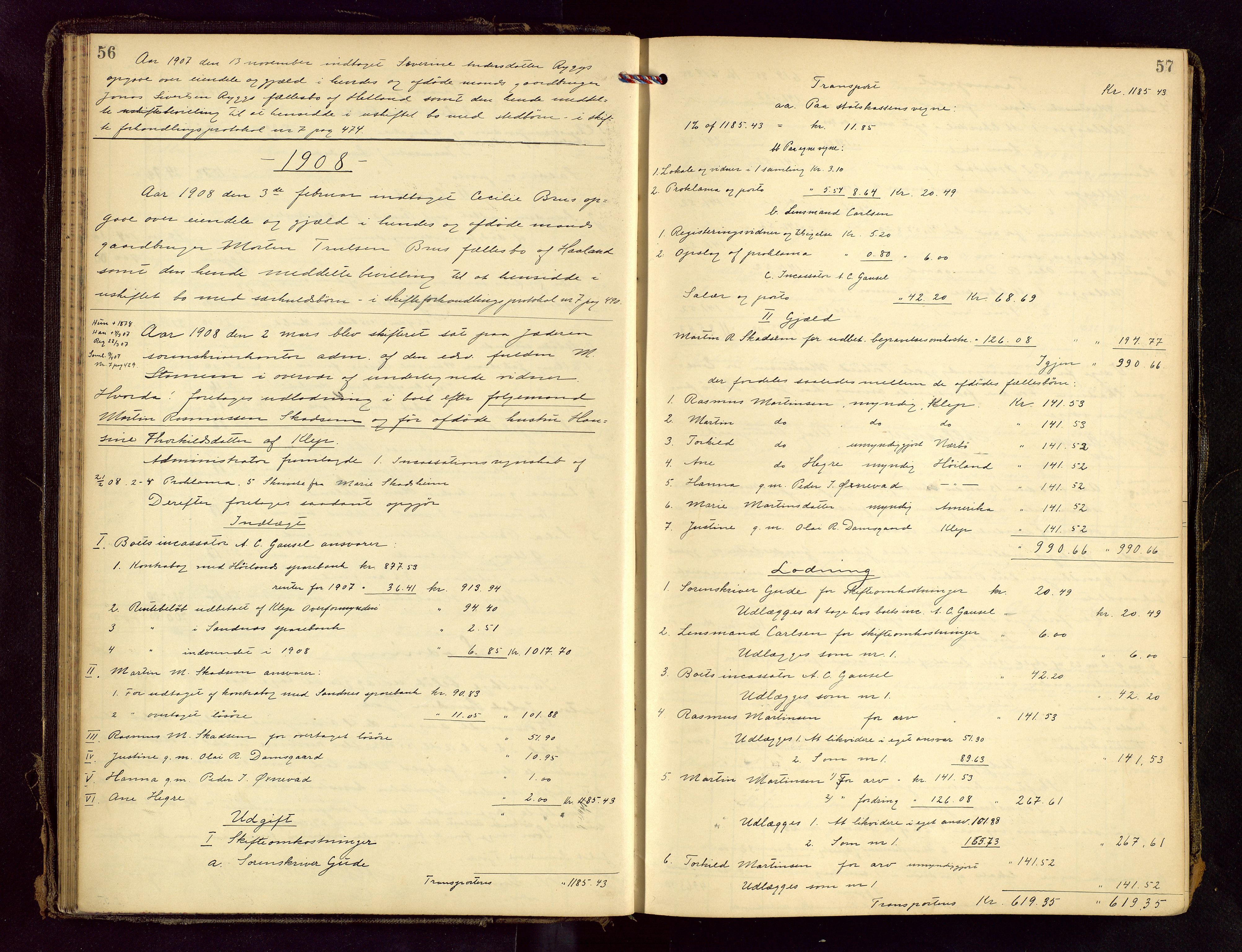 Jæren sorenskriveri, AV/SAST-A-100310/01/5/50/50BB/L0007: SKIFTEUTLODNINGSPROTOKOLL, 1907-1914, p. 56-57