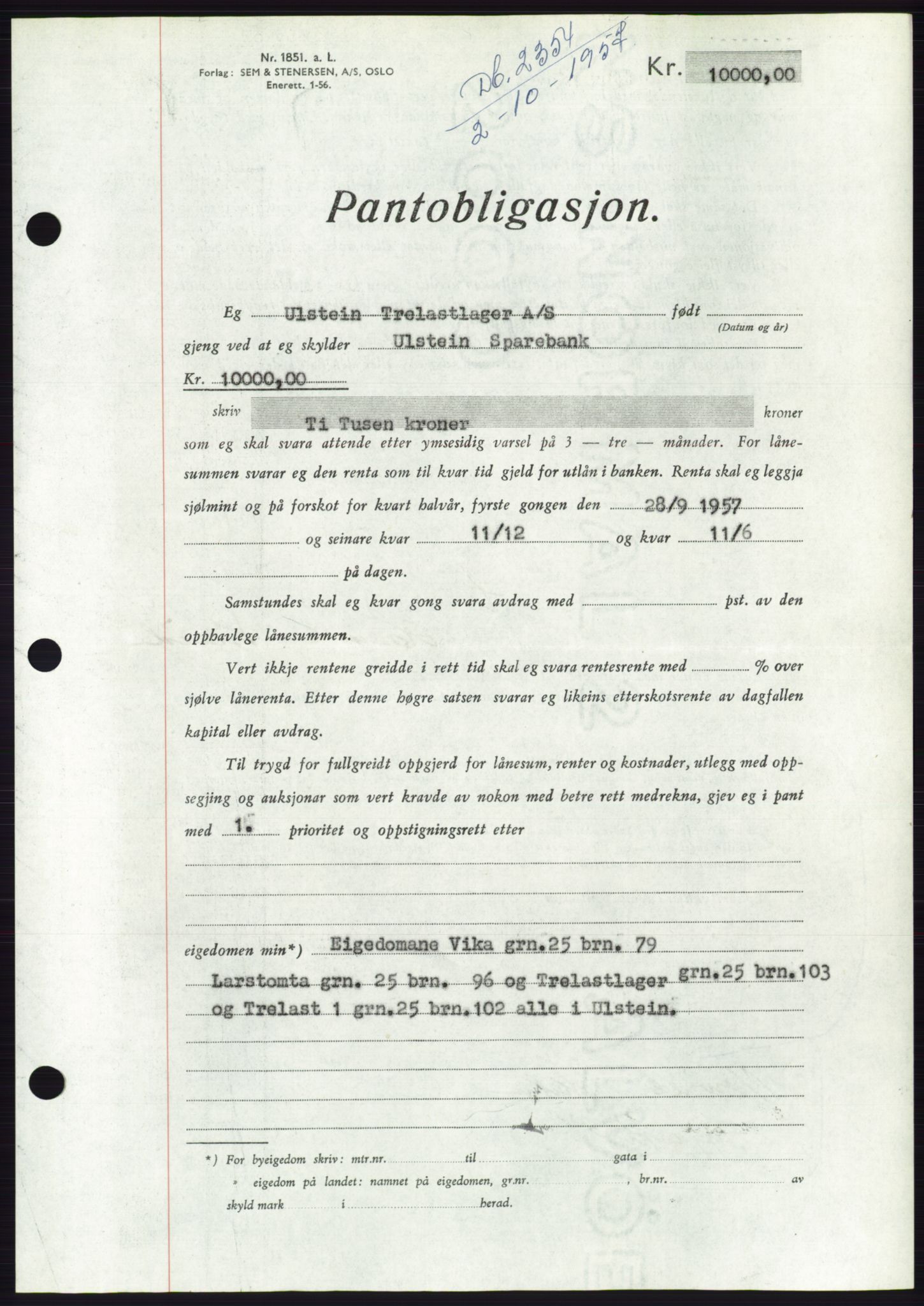 Søre Sunnmøre sorenskriveri, AV/SAT-A-4122/1/2/2C/L0130: Mortgage book no. 18B, 1957-1958, Diary no: : 2354/1957