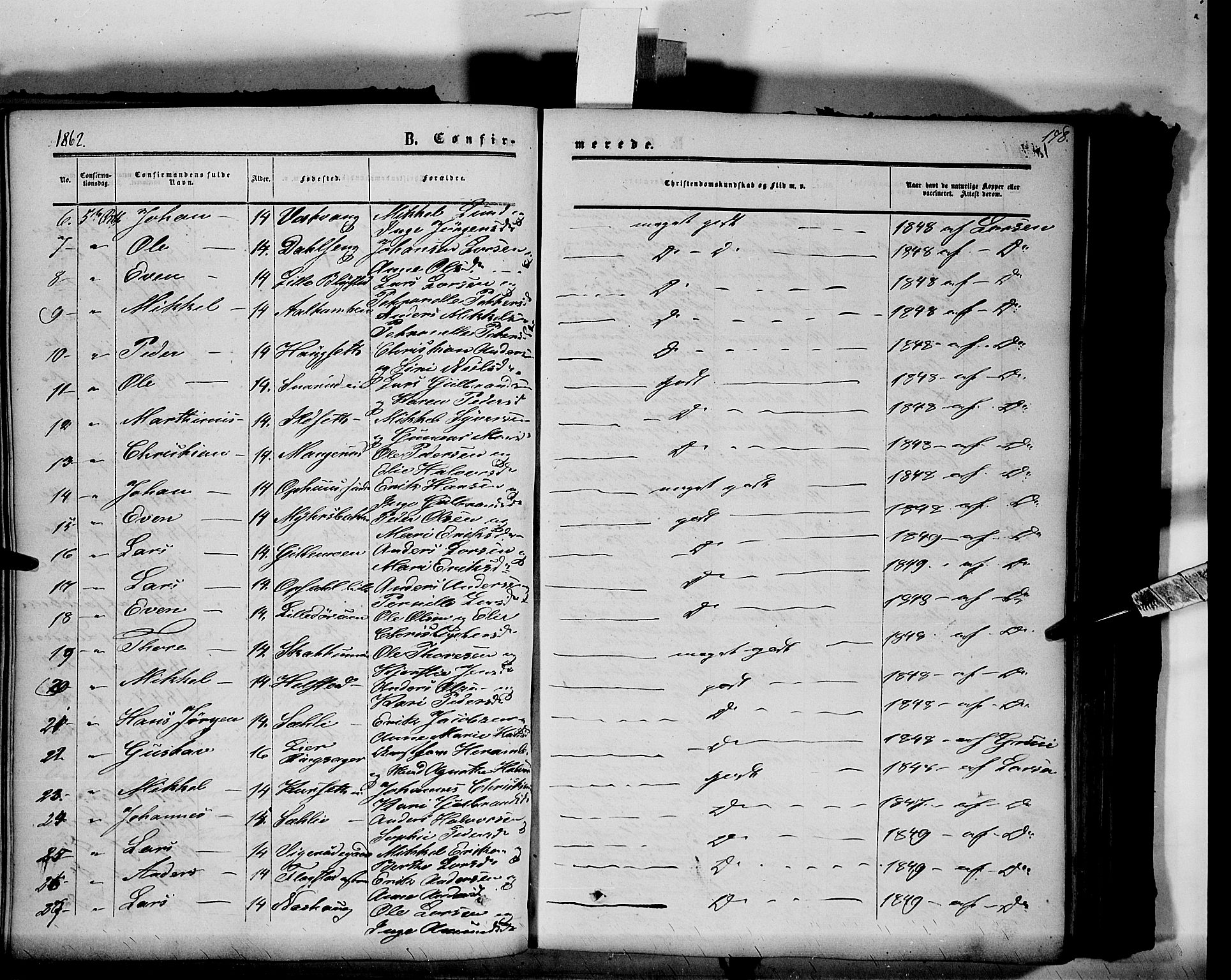 Vang prestekontor, Hedmark, SAH/PREST-008/H/Ha/Haa/L0012: Parish register (official) no. 12, 1855-1870, p. 178