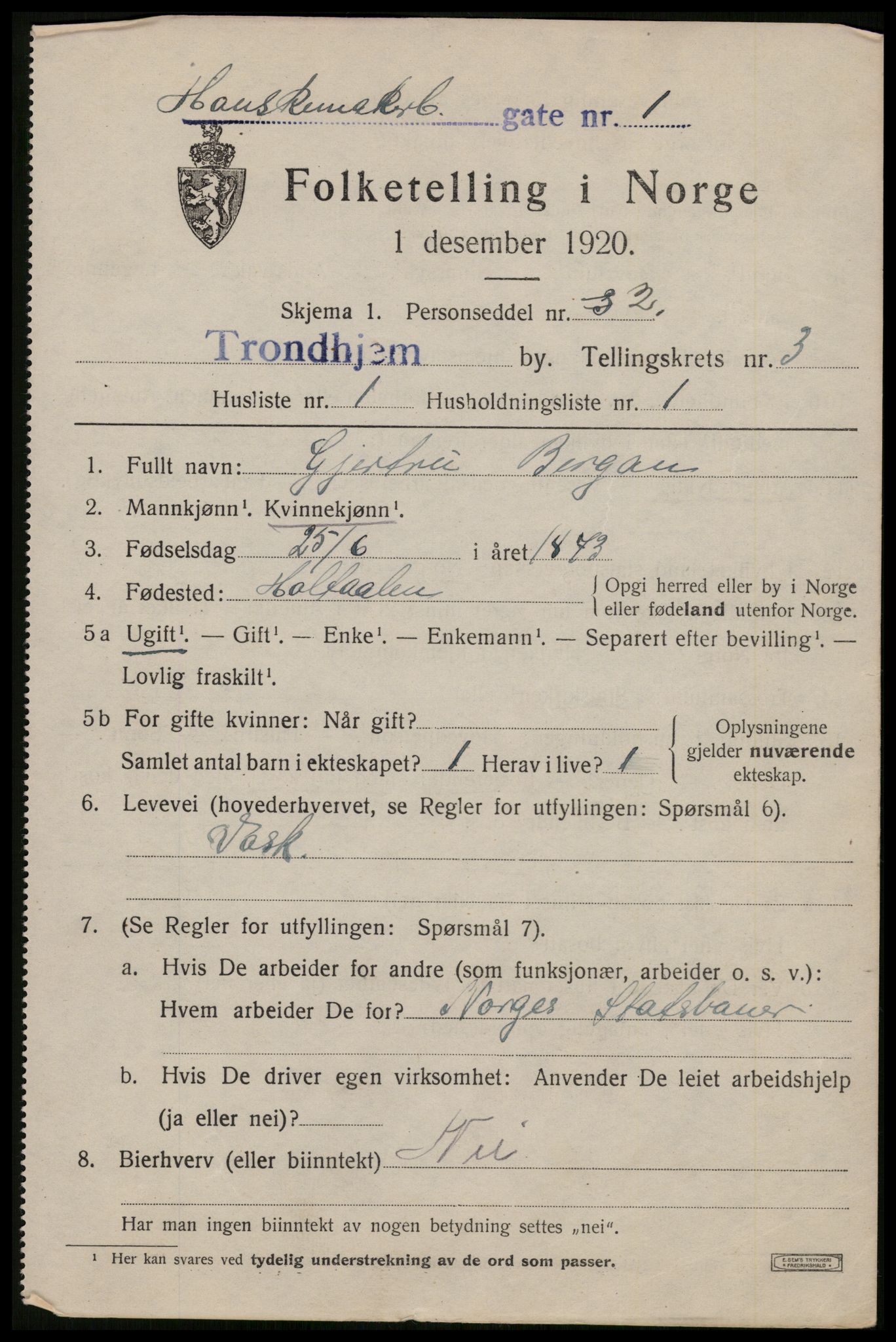 SAT, 1920 census for Trondheim, 1920, p. 35566