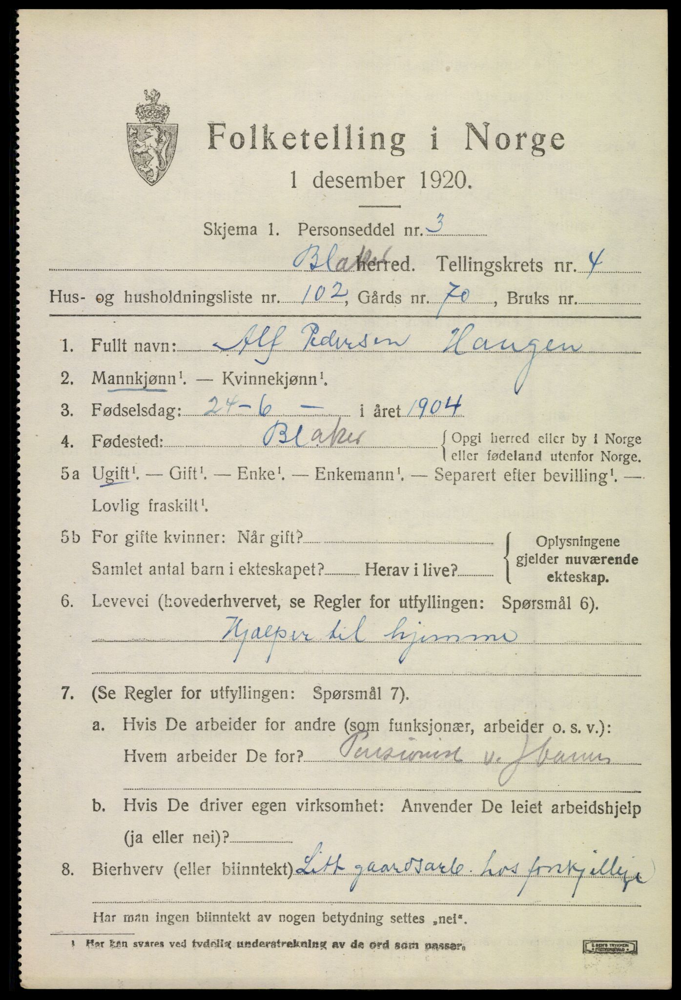 SAO, 1920 census for Blaker, 1920, p. 4425