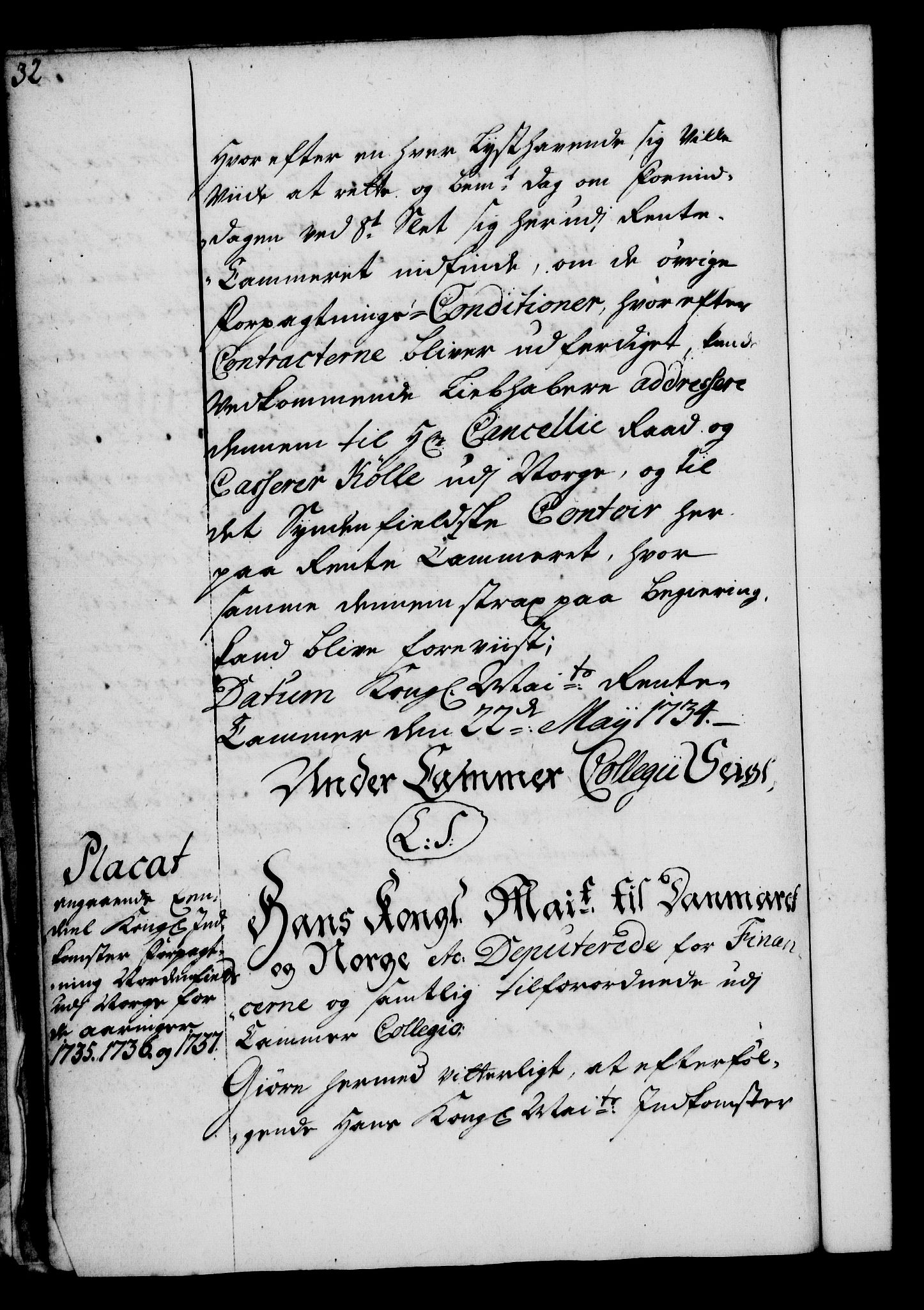Rentekammeret, Kammerkanselliet, RA/EA-3111/G/Gg/Gga/L0004: Norsk ekspedisjonsprotokoll med register (merket RK 53.4), 1734-1741, p. 32