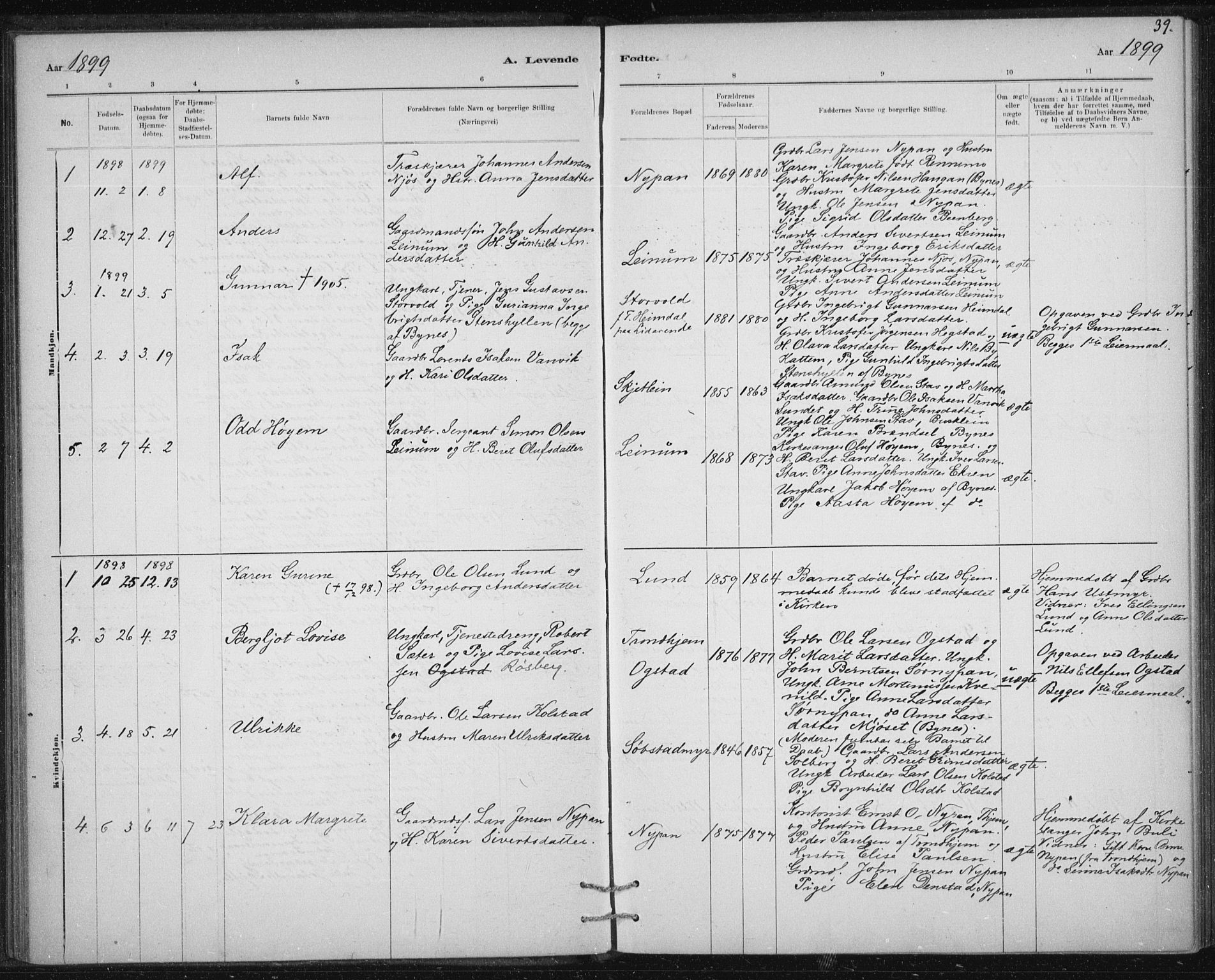 Ministerialprotokoller, klokkerbøker og fødselsregistre - Sør-Trøndelag, SAT/A-1456/613/L0392: Parish register (official) no. 613A01, 1887-1906, p. 39