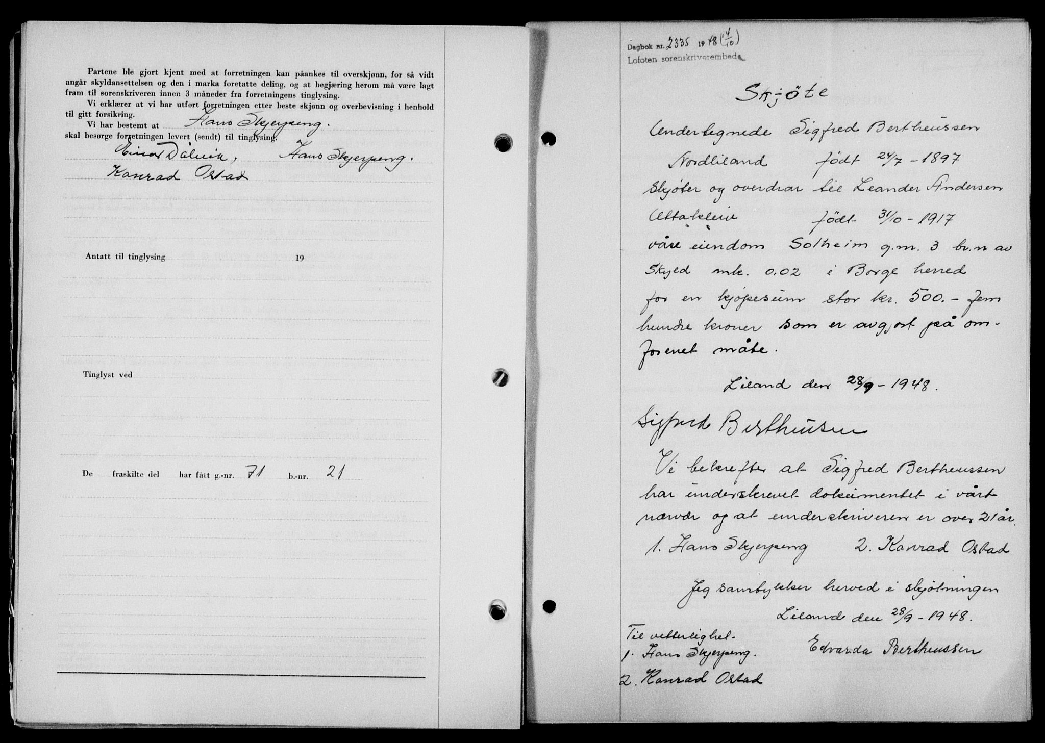 Lofoten sorenskriveri, SAT/A-0017/1/2/2C/L0019a: Mortgage book no. 19a, 1948-1948, Diary no: : 2335/1948