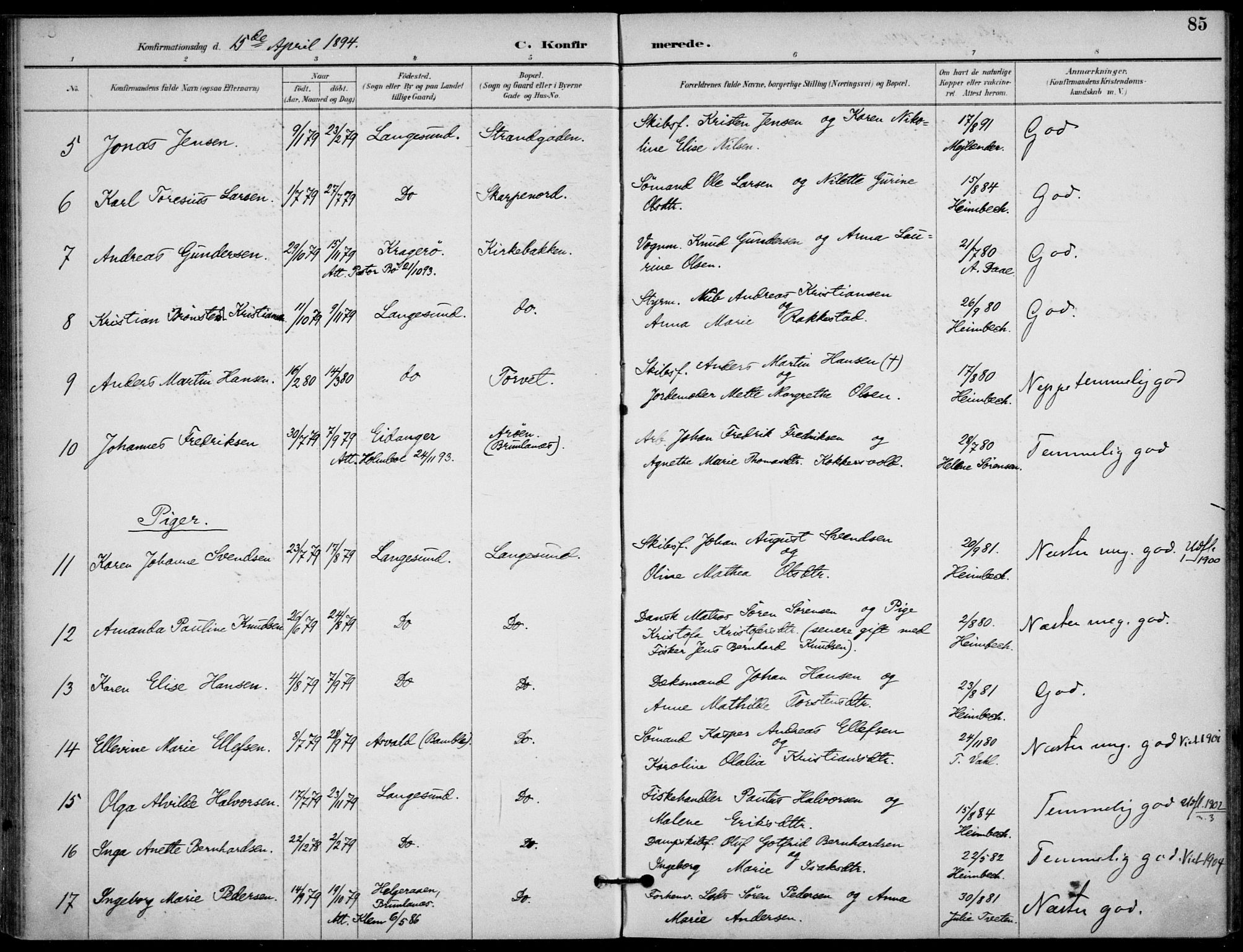 Langesund kirkebøker, AV/SAKO-A-280/F/Fa/L0003: Parish register (official) no. 3, 1893-1907, p. 85