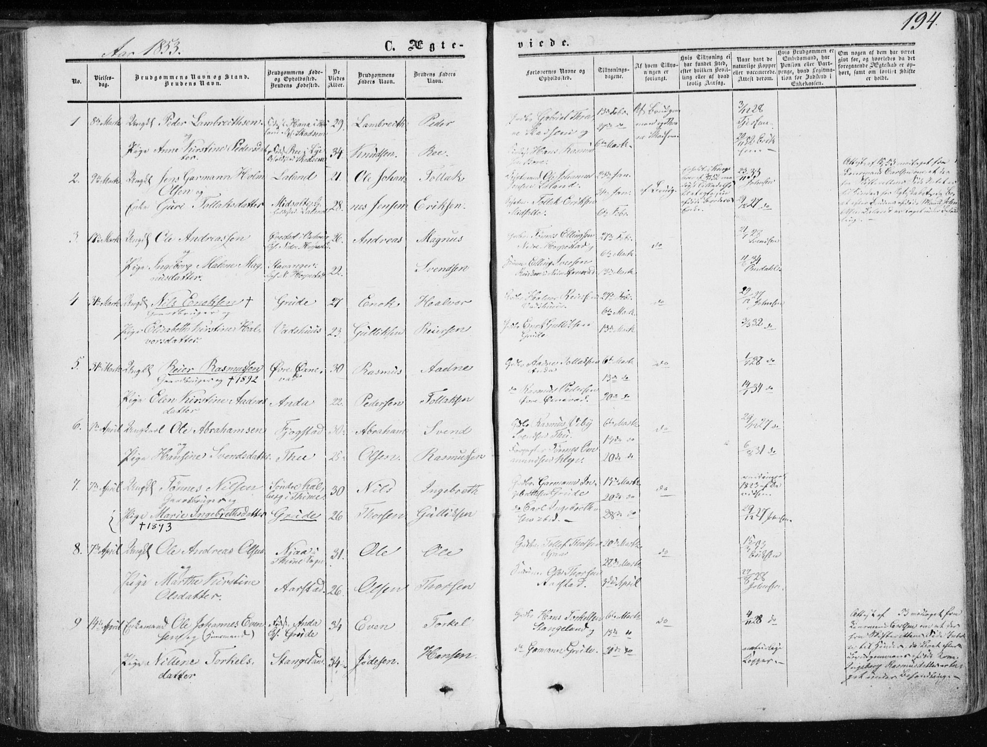 Klepp sokneprestkontor, SAST/A-101803/001/3/30BA/L0005: Parish register (official) no. A 5, 1853-1870, p. 194