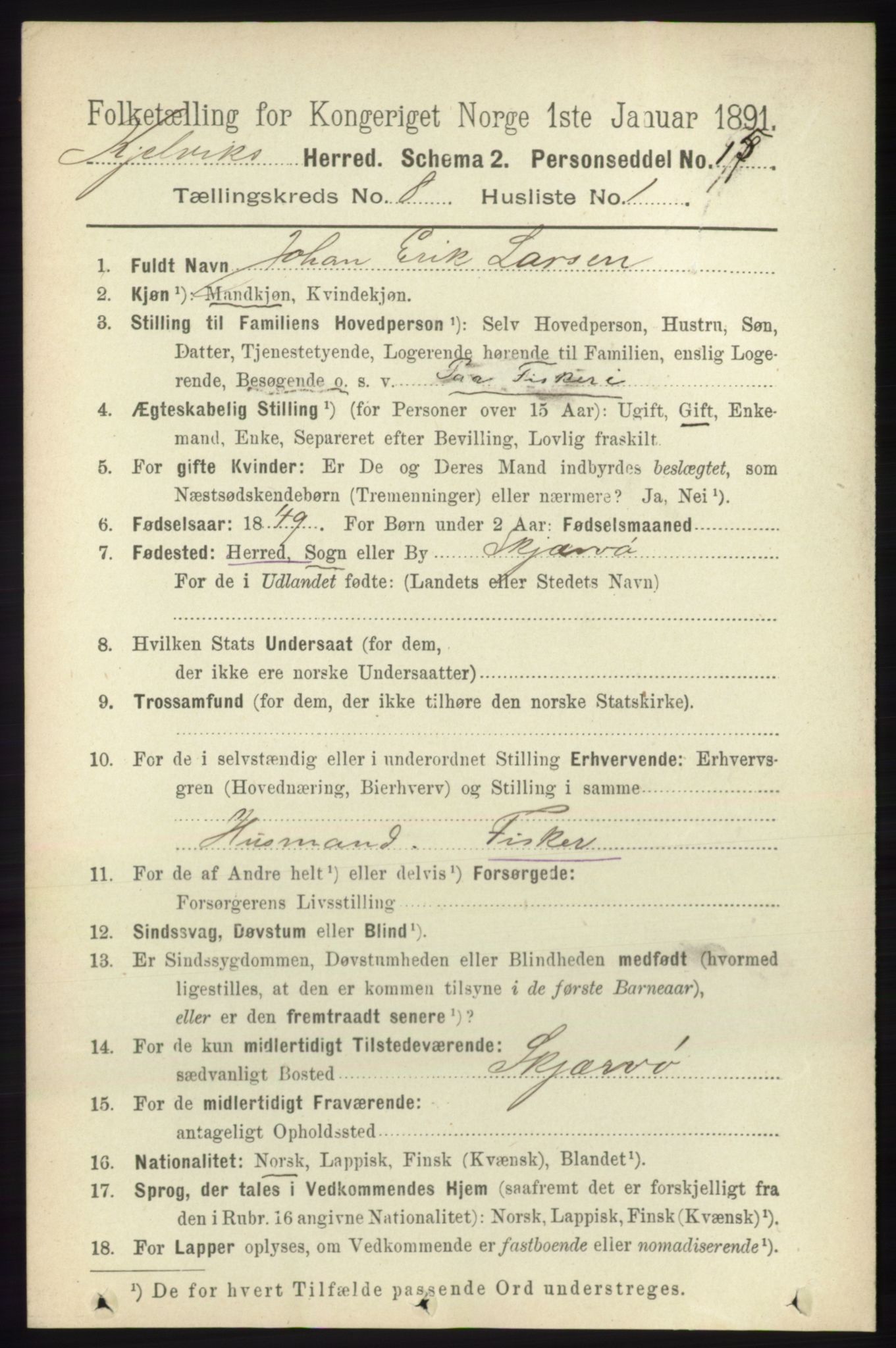 RA, 1891 census for 2019 Kjelvik, 1891, p. 1189