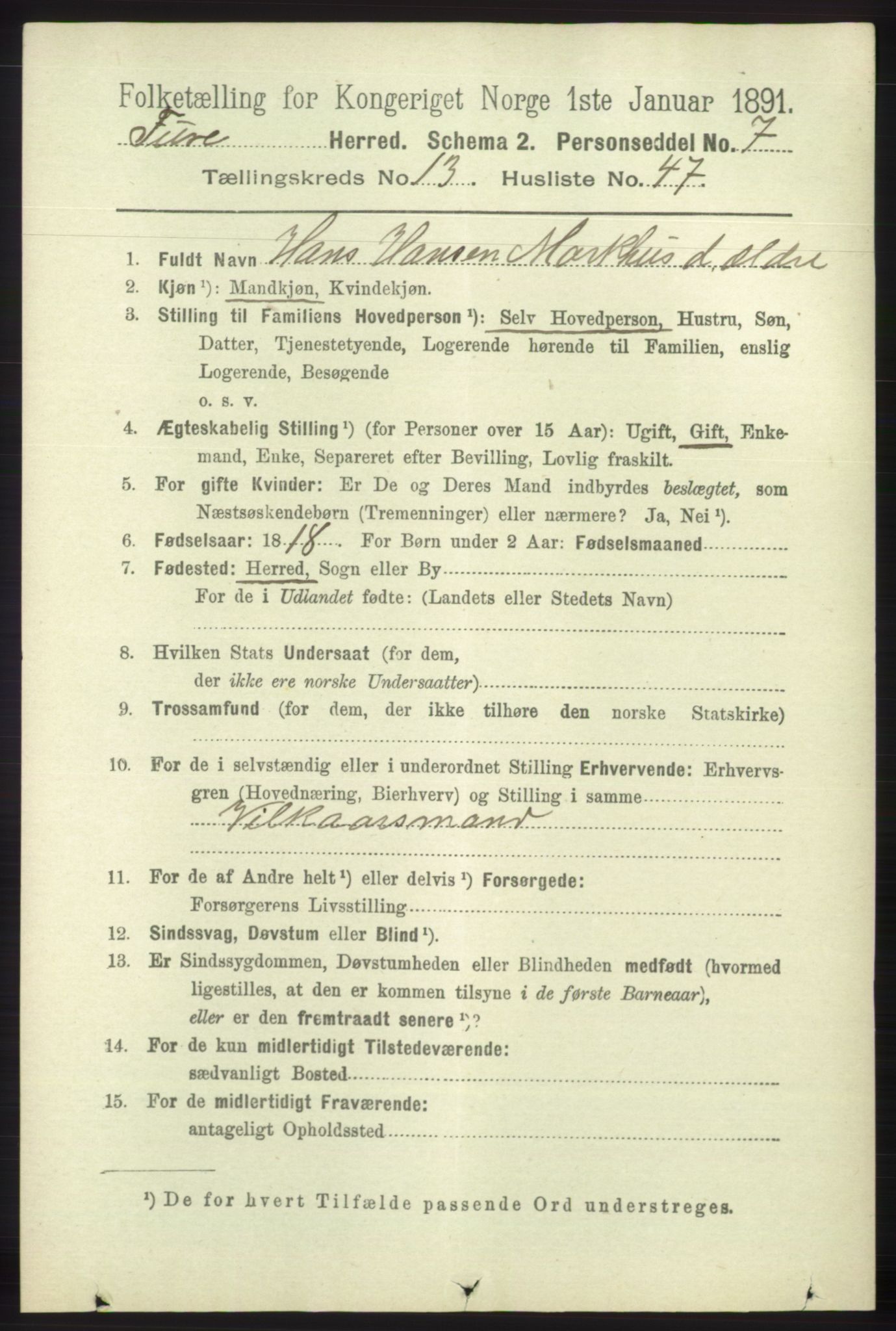 RA, 1891 census for 1241 Fusa, 1891, p. 3136