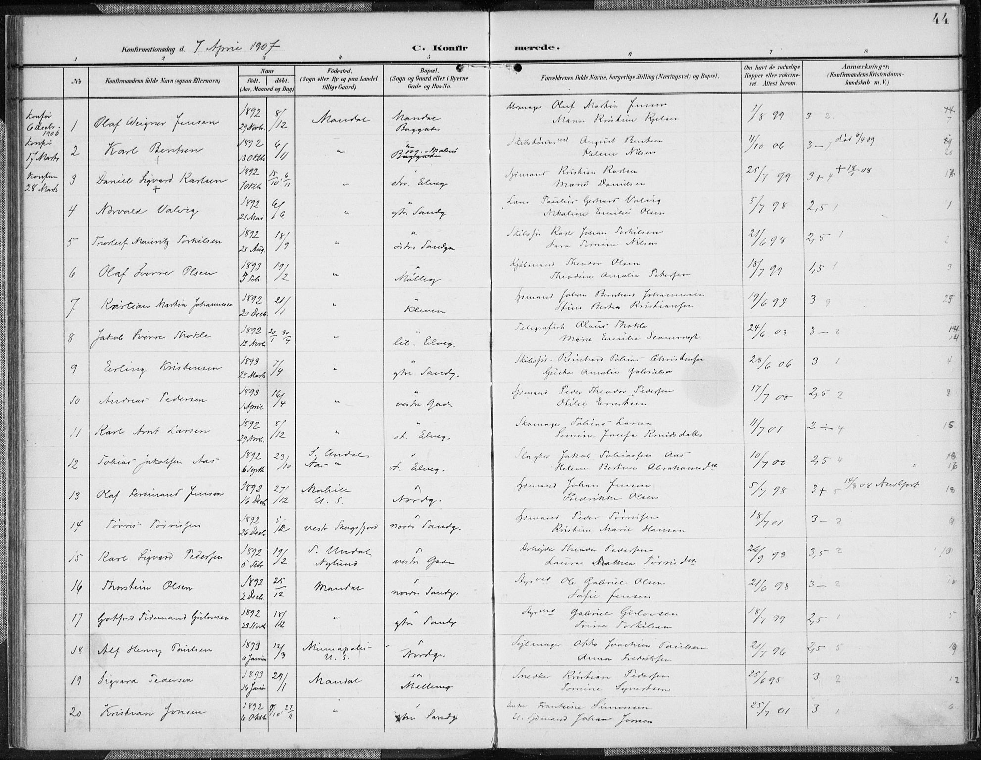 Mandal sokneprestkontor, SAK/1111-0030/F/Fa/Faa/L0019: Parish register (official) no. A 19, 1902-1912, p. 44