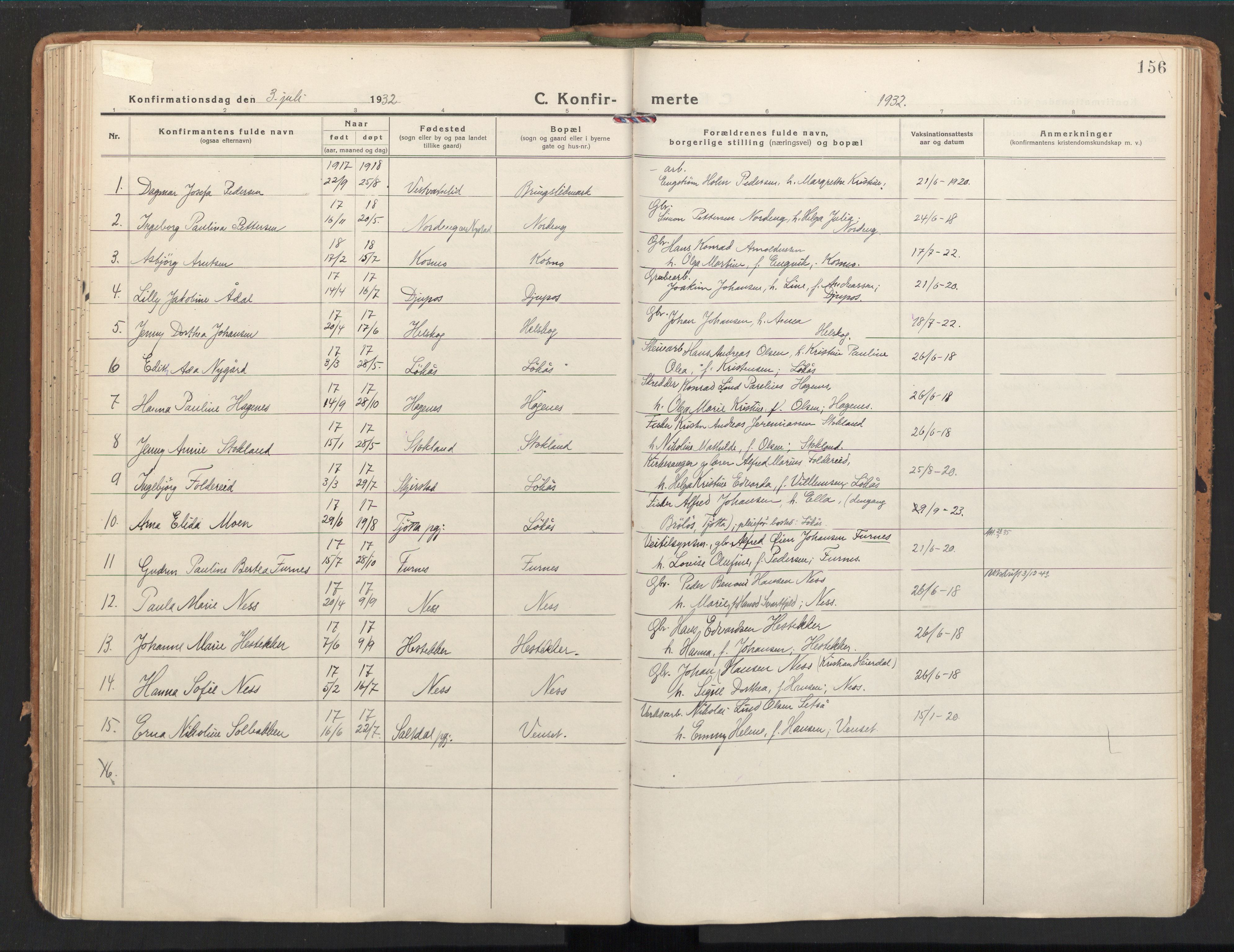 Ministerialprotokoller, klokkerbøker og fødselsregistre - Nordland, SAT/A-1459/851/L0725: Parish register (official) no. 851A02, 1922-1944, p. 156