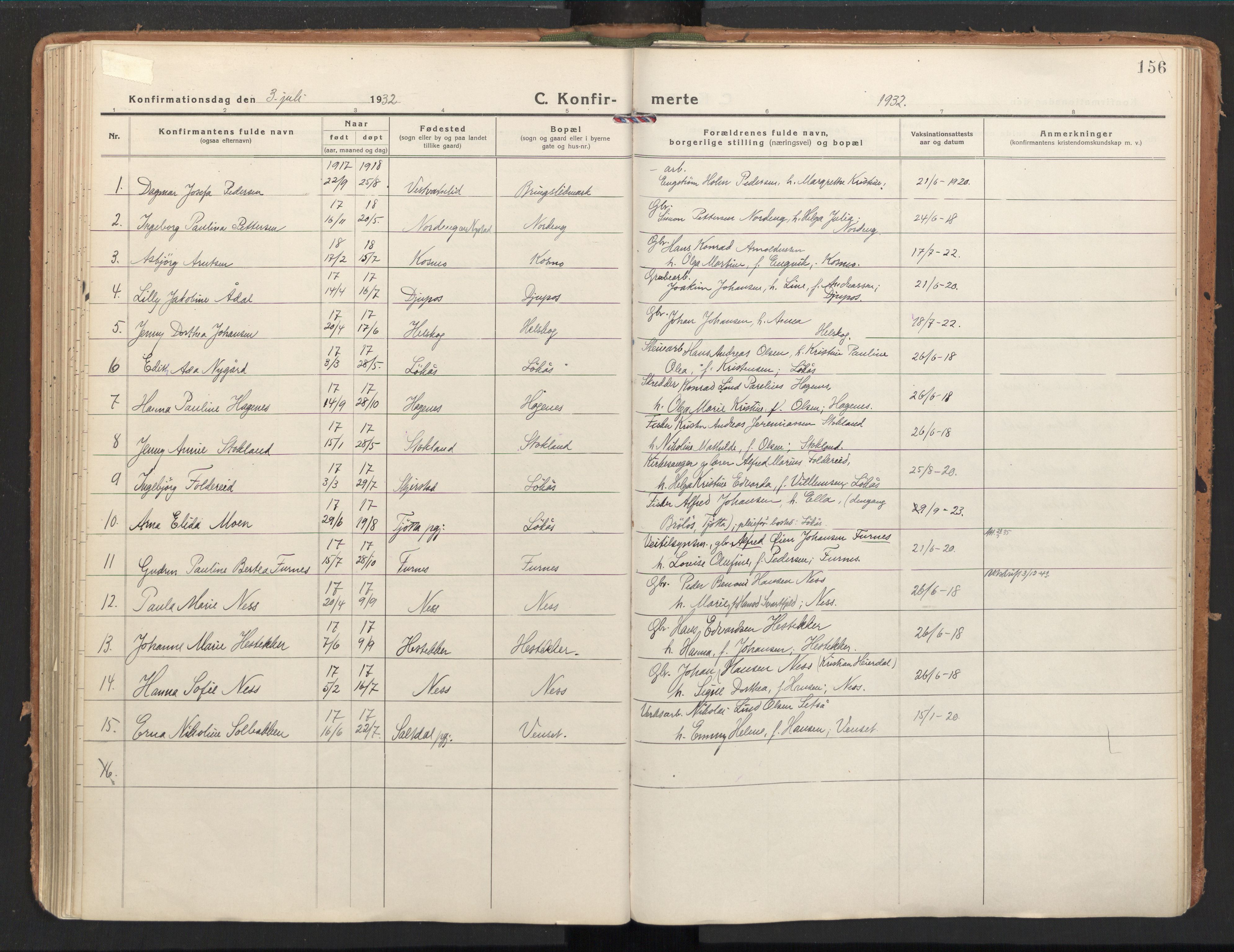 Ministerialprotokoller, klokkerbøker og fødselsregistre - Nordland, AV/SAT-A-1459/851/L0725: Parish register (official) no. 851A02, 1922-1944, p. 156