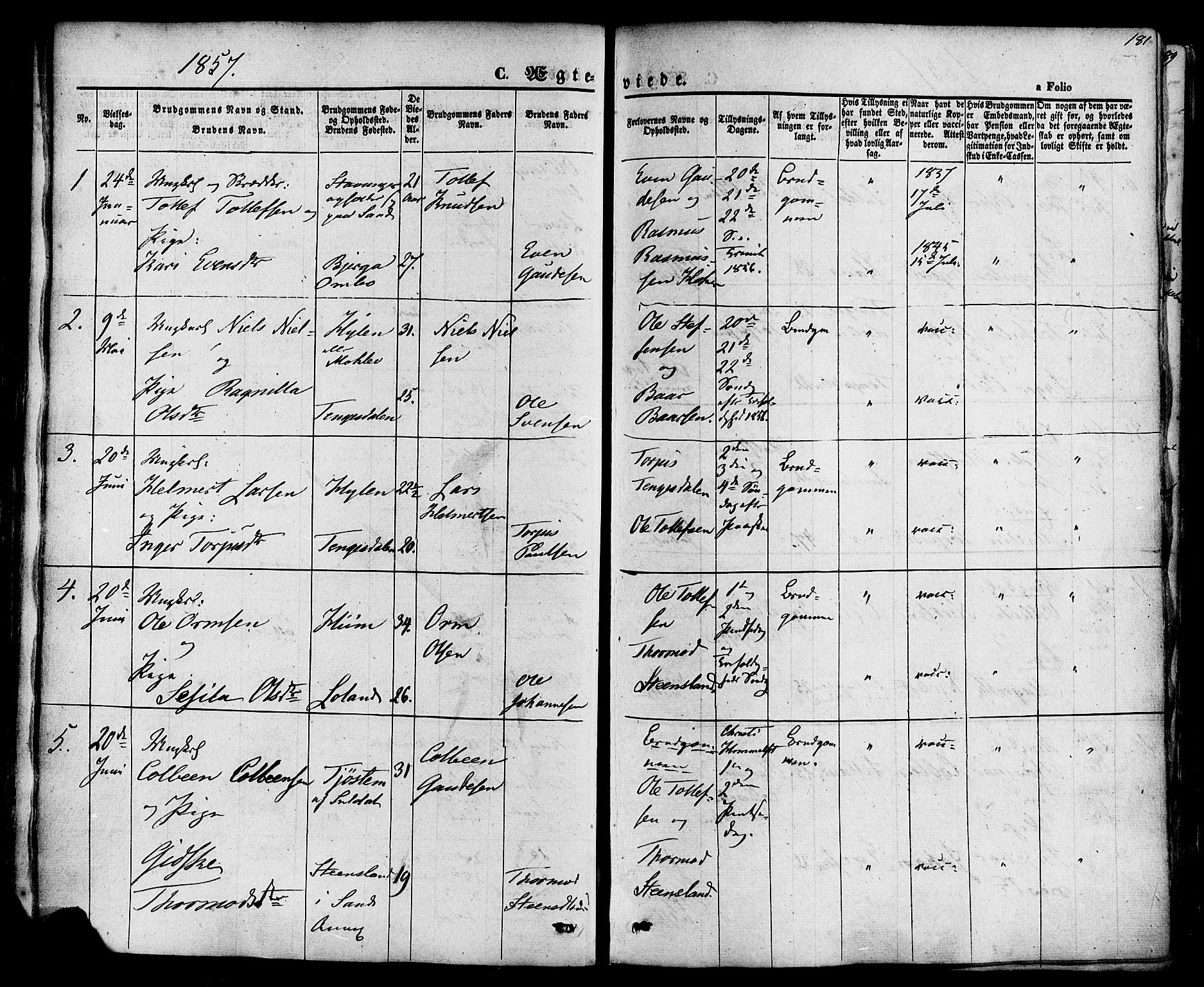 Sand sokneprestkontor, AV/SAST-A-101848/01/III/L0003: Parish register (official) no. A 3, 1854-1879, p. 181