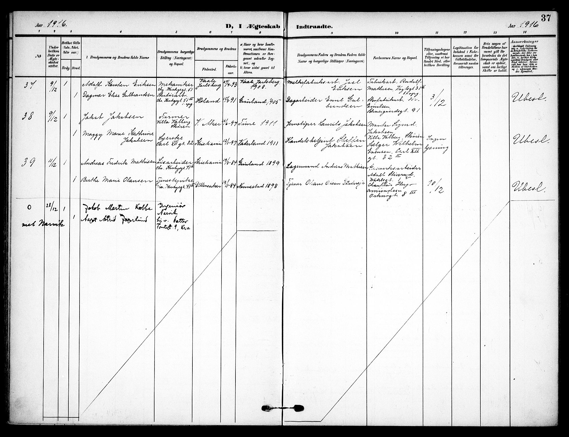 Vaterland prestekontor Kirkebøker, AV/SAO-A-10880/F/Fa/L0002: Parish register (official) no. 2, 1907-1921, p. 37