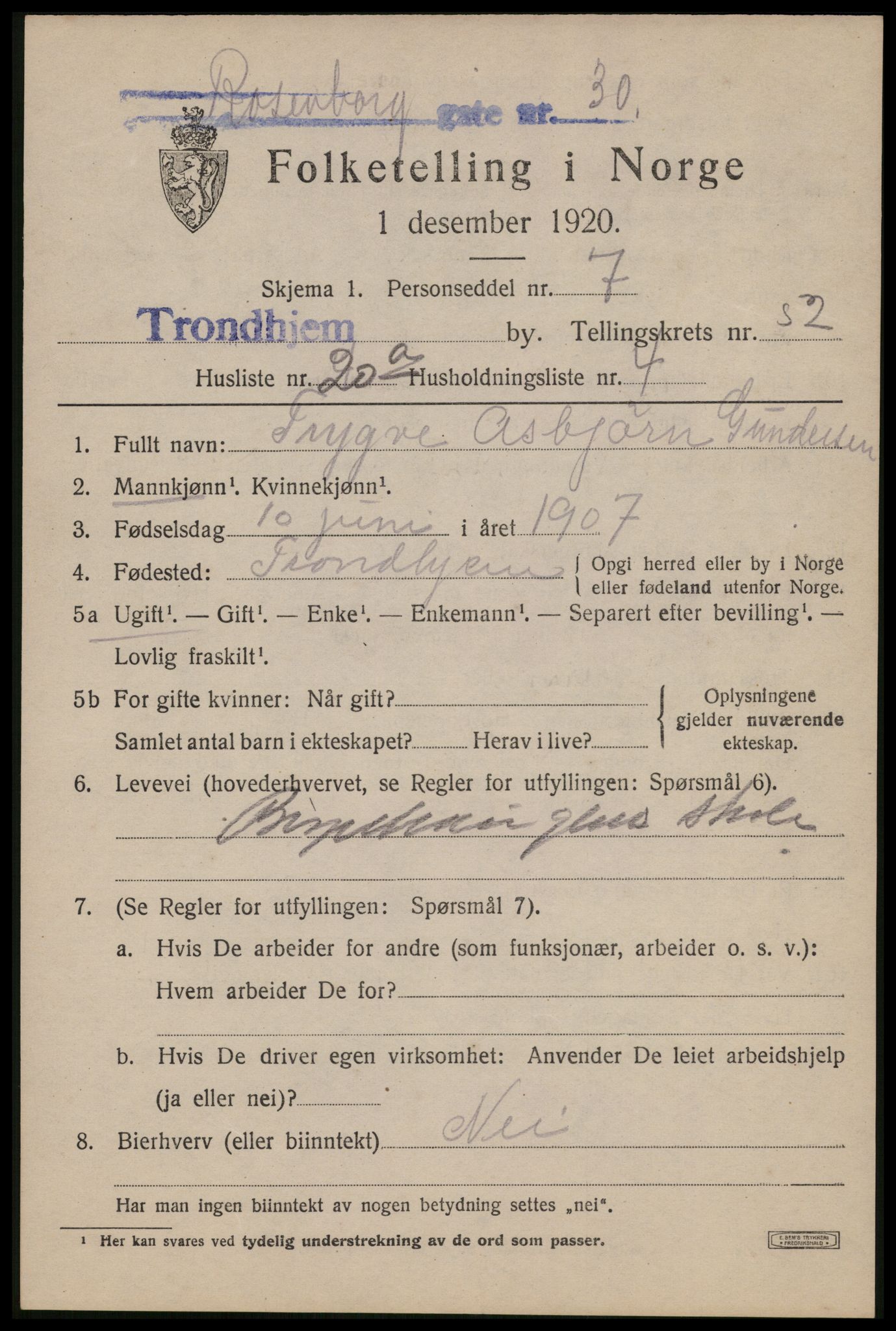 SAT, 1920 census for Trondheim, 1920, p. 107684