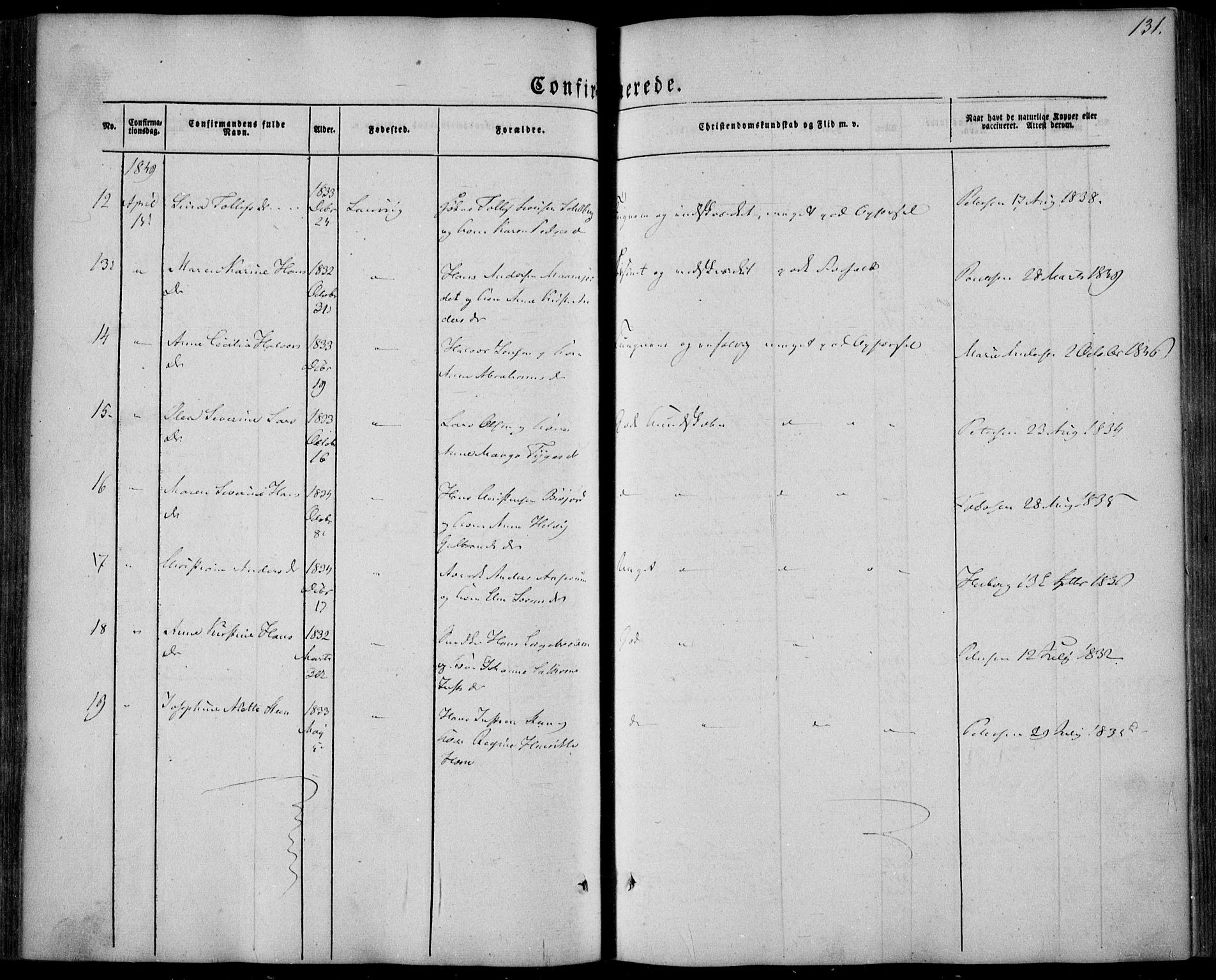 Larvik kirkebøker, AV/SAKO-A-352/F/Fa/L0003: Parish register (official) no. I 3, 1848-1856, p. 131