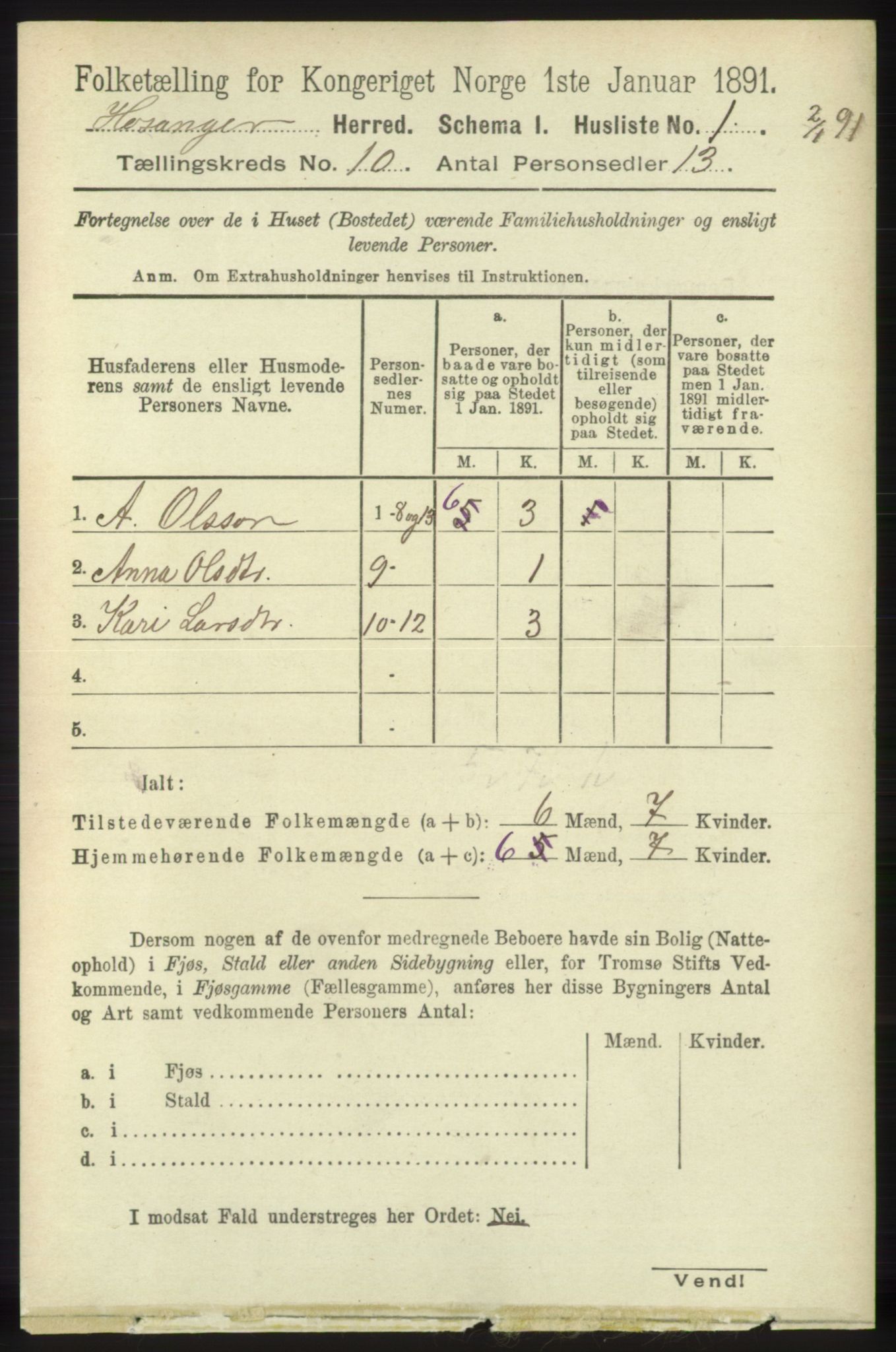 RA, 1891 census for 1253 Hosanger, 1891, p. 3426