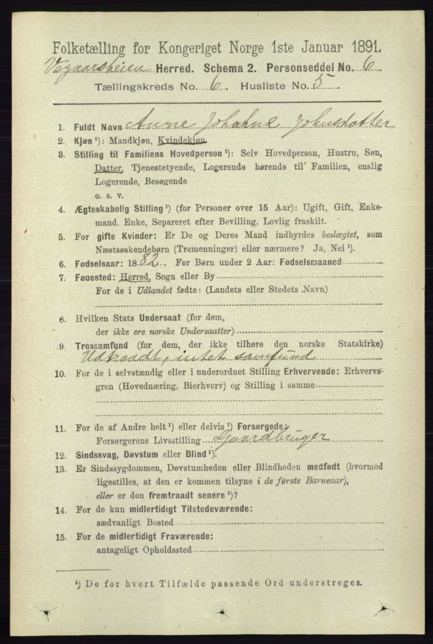 RA, 1891 census for 0912 Vegårshei, 1891, p. 1205