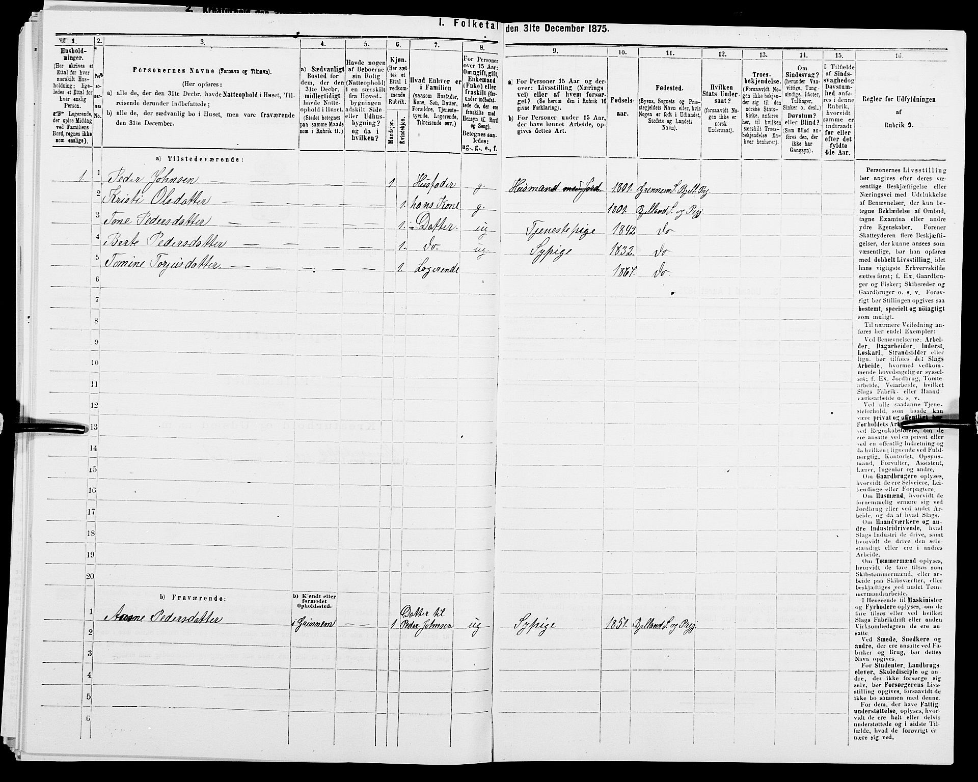 SAK, 1875 census for 1024P Bjelland, 1875, p. 386