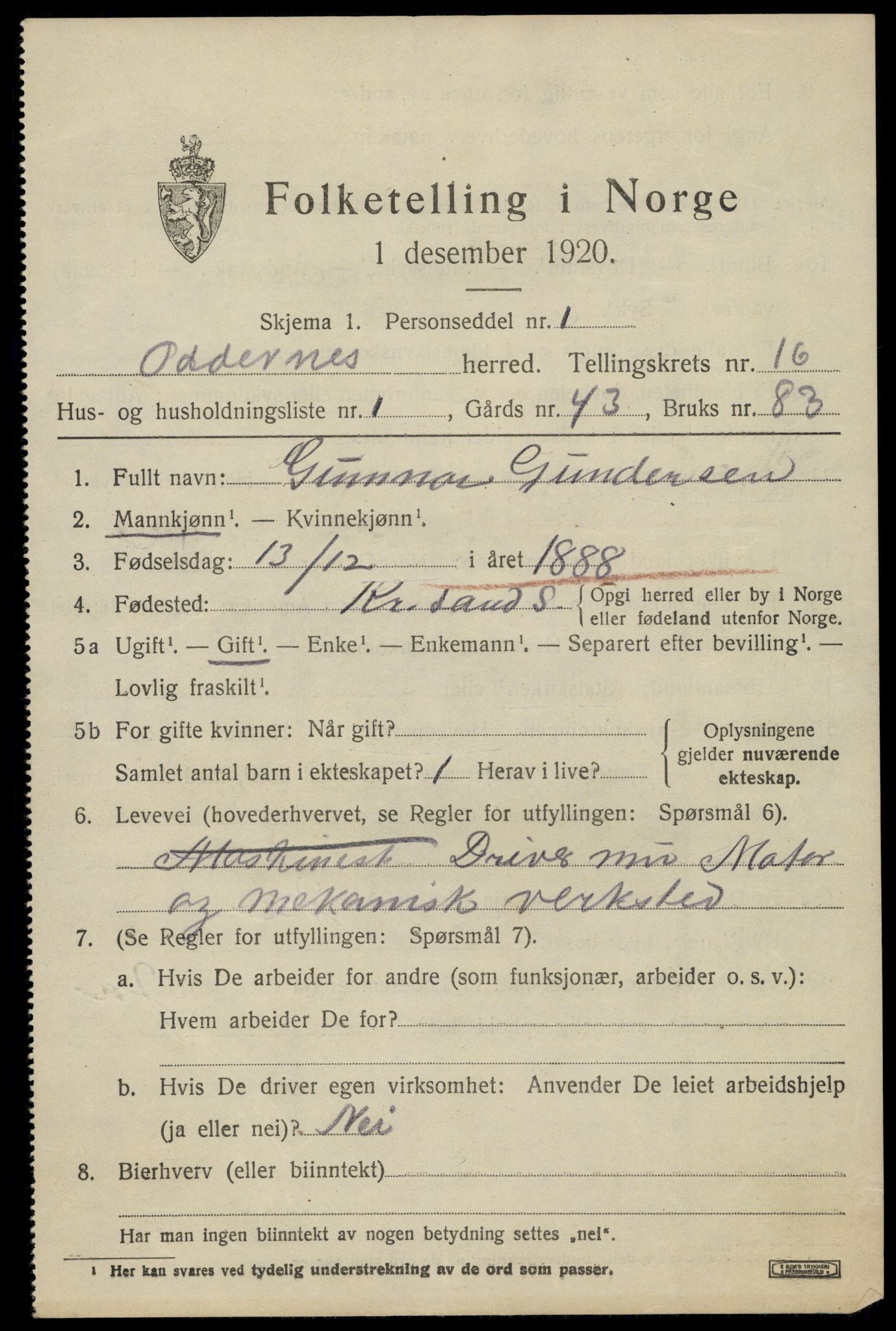 SAK, 1920 census for Oddernes, 1920, p. 11133