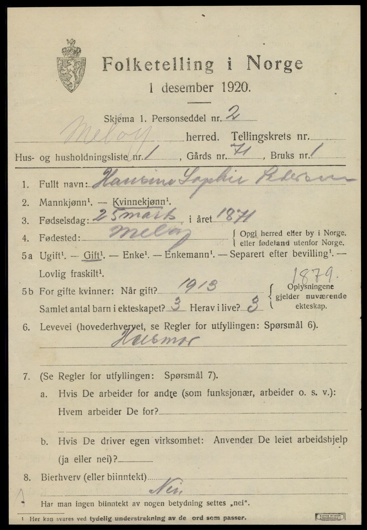 SAT, 1920 census for Meløy, 1920, p. 9149