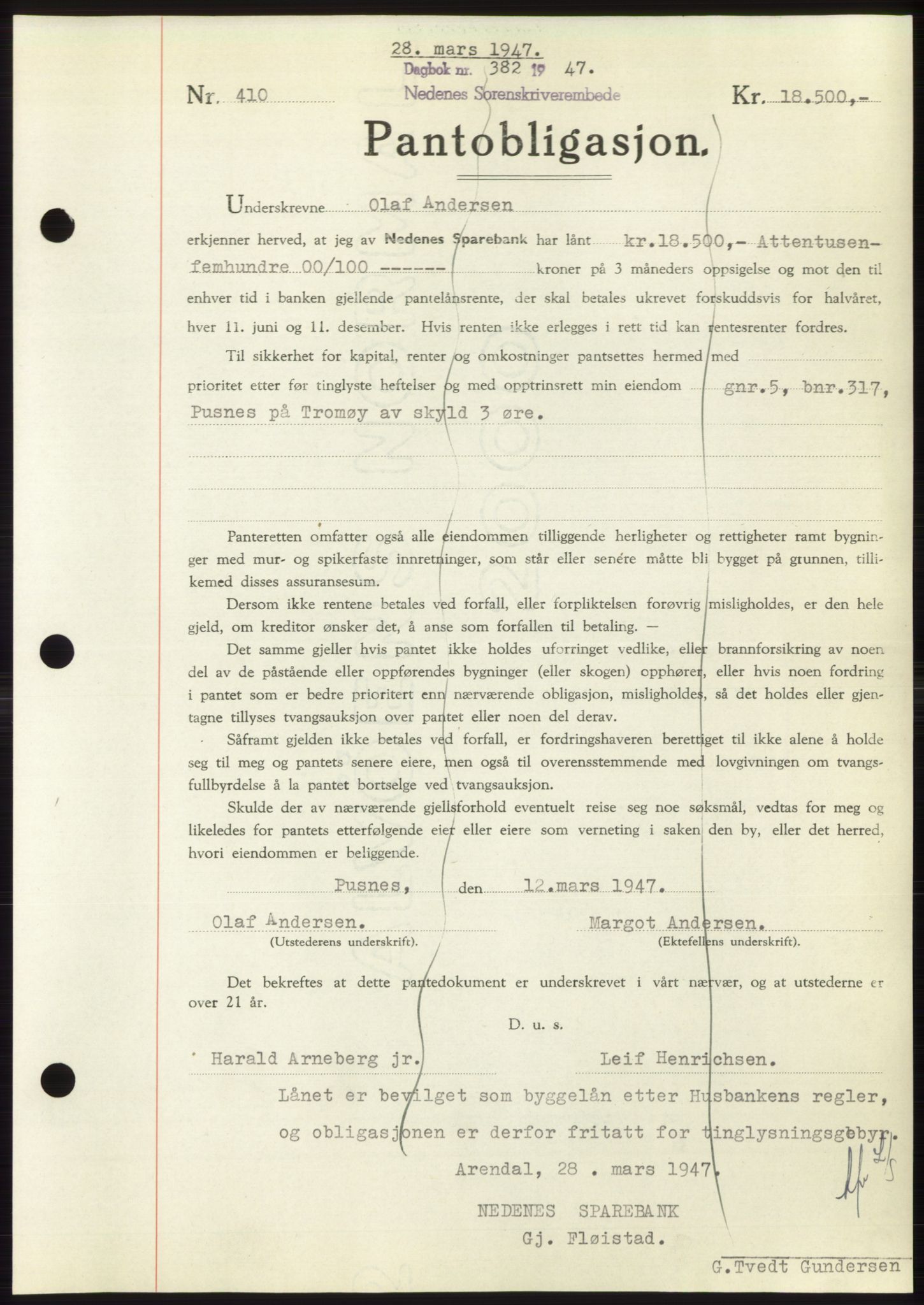 Nedenes sorenskriveri, AV/SAK-1221-0006/G/Gb/Gbb/L0004: Mortgage book no. B4, 1947-1947, Diary no: : 382/1947