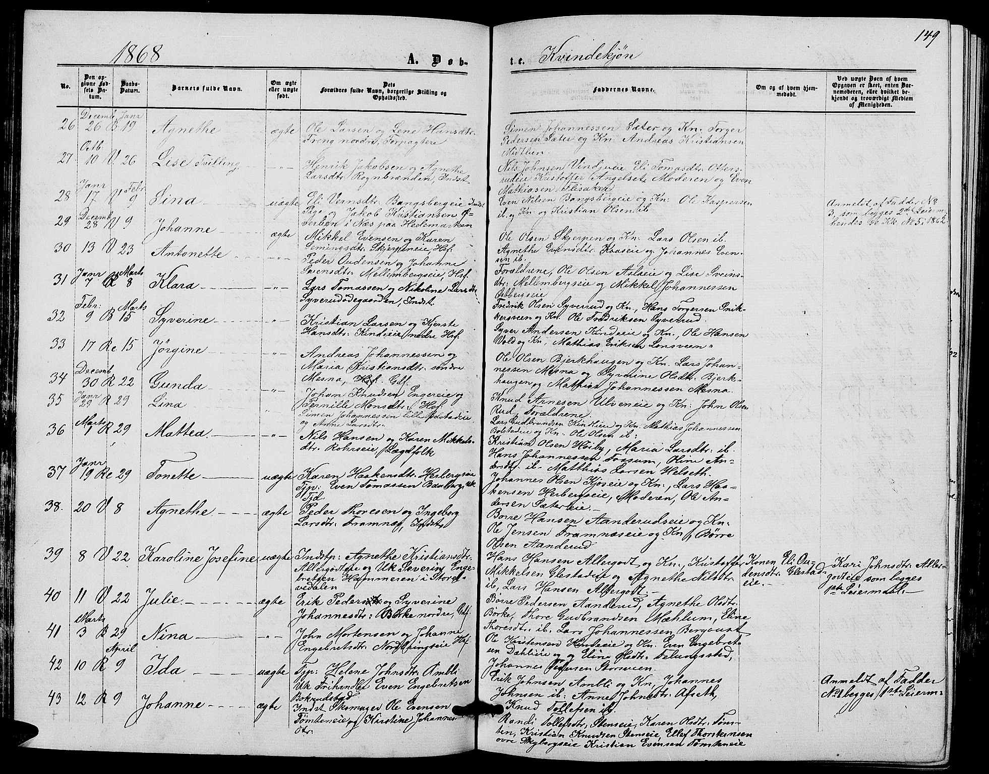 Ringsaker prestekontor, SAH/PREST-014/L/La/L0007: Parish register (copy) no. 7, 1861-1869, p. 149