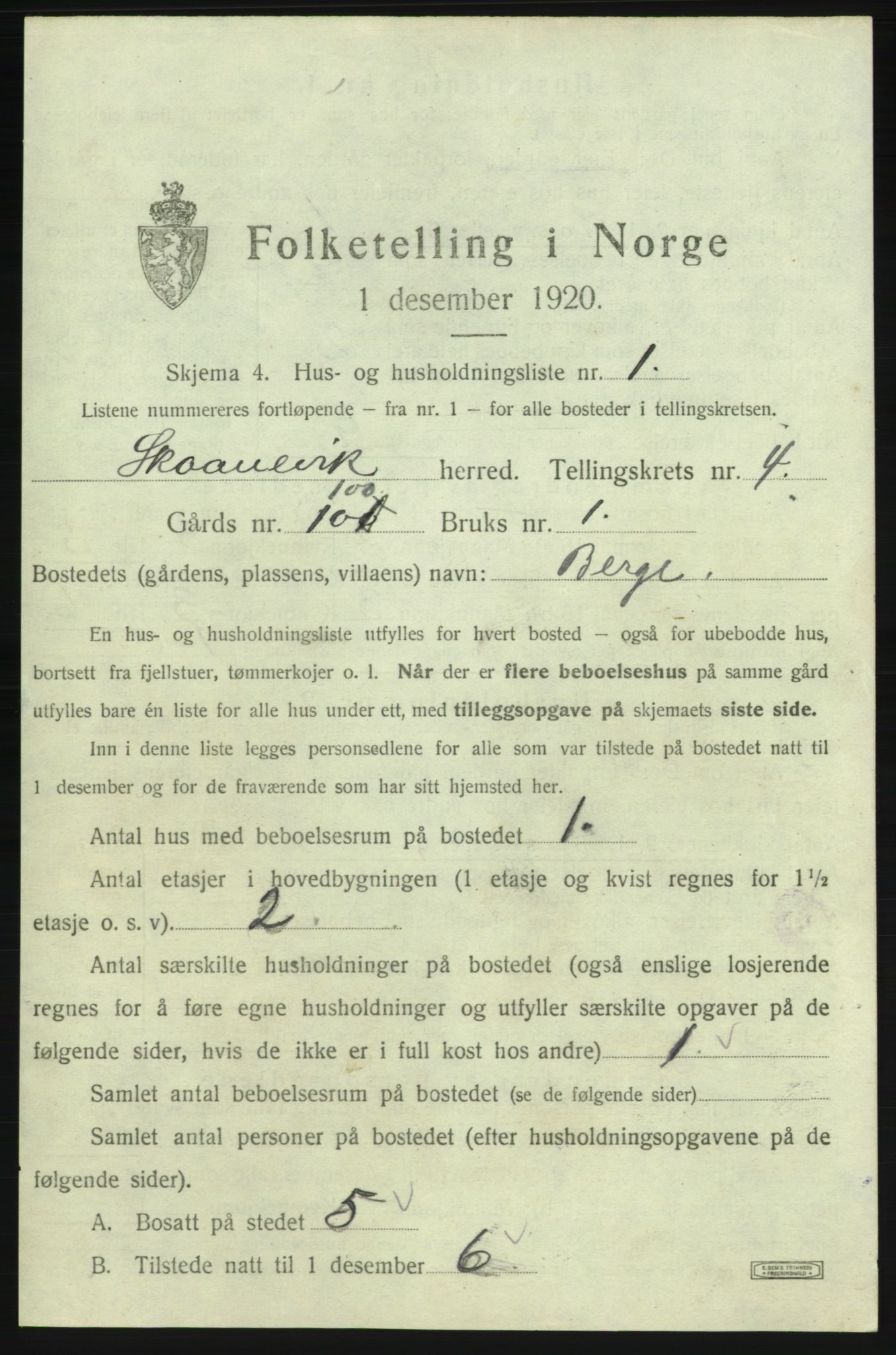 SAB, 1920 census for Skånevik, 1920, p. 520
