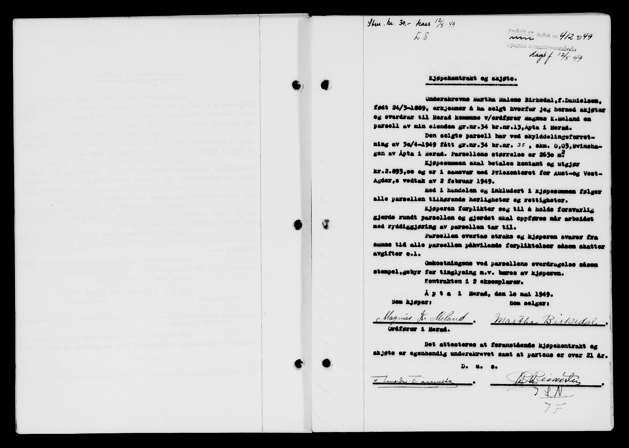 Lyngdal sorenskriveri, AV/SAK-1221-0004/G/Gb/L0663: Mortgage book no. A IX, 1948-1949, Diary no: : 412/1949