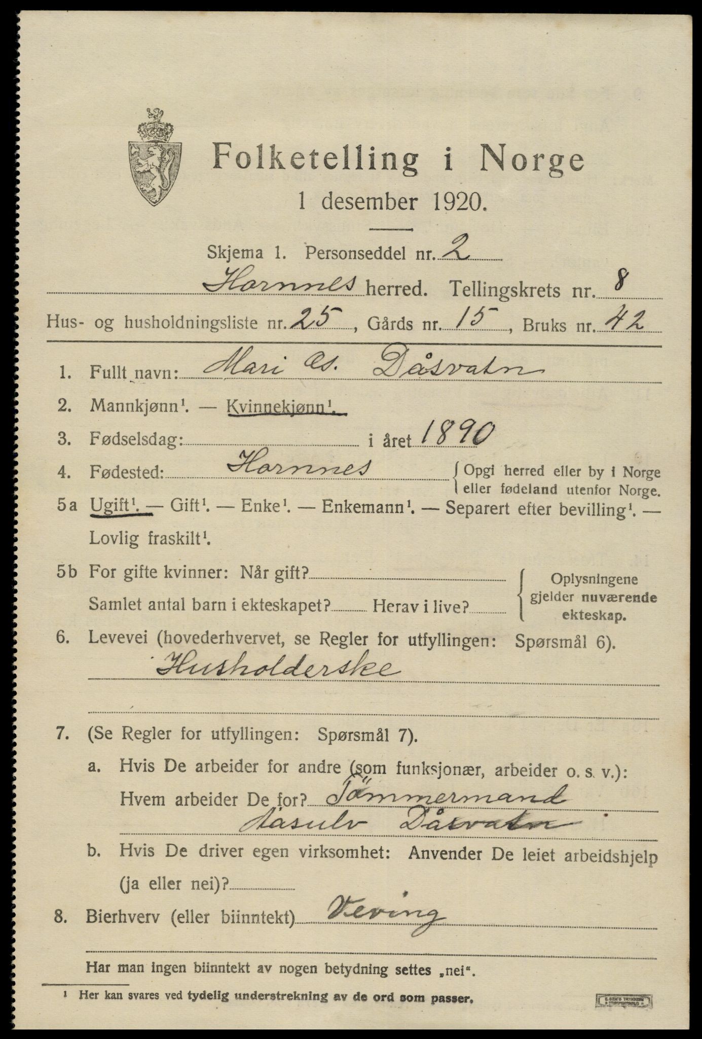 SAK, 1920 census for Hornnes, 1920, p. 2177