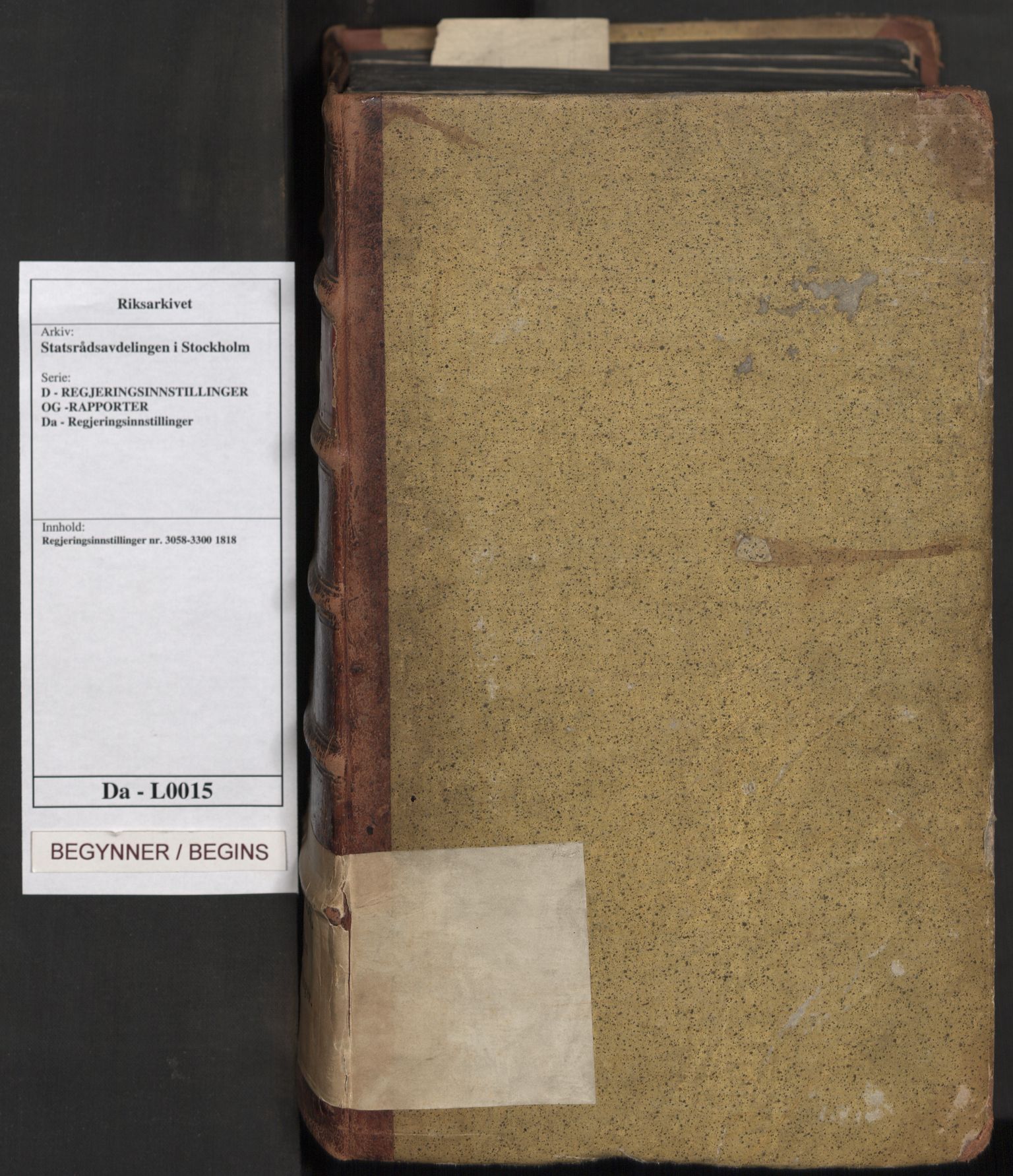 Statsrådsavdelingen i Stockholm, RA/S-1003/D/Da/L0015: Regjeringsinnstillinger nr. 3058-3300, 1818, p. 1