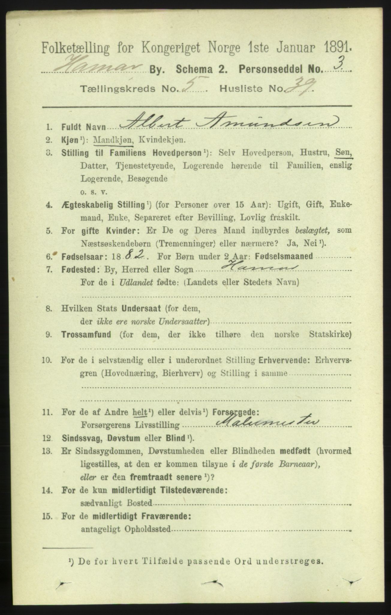 RA, 1891 census for 0401 Hamar, 1891, p. 4306