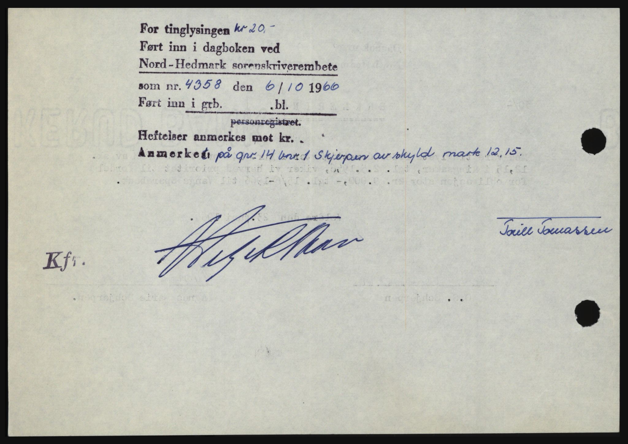 Nord-Hedmark sorenskriveri, AV/SAH-TING-012/H/Hc/L0024: Mortgage book no. 24, 1966-1966, Diary no: : 4358/1966