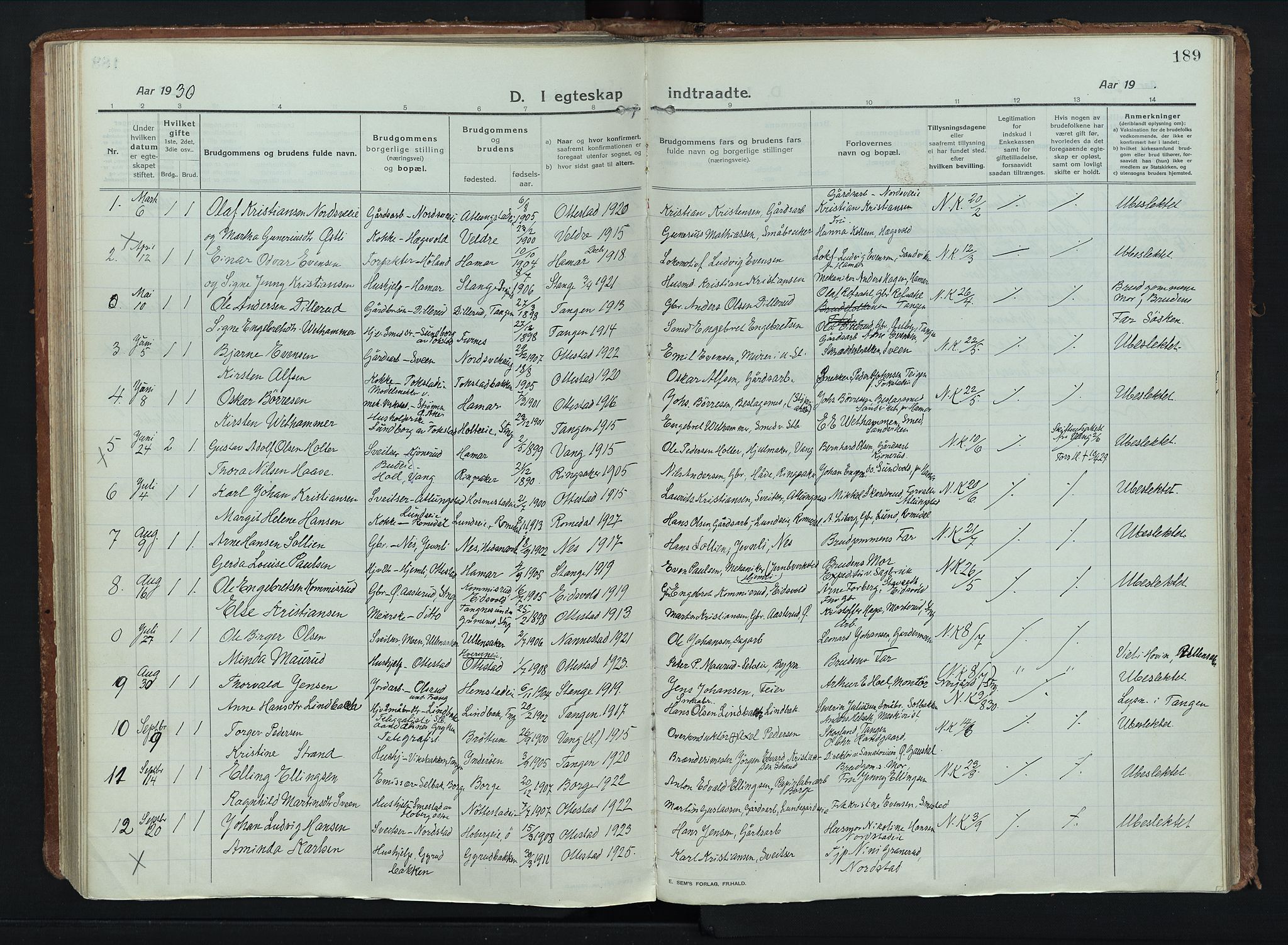 Stange prestekontor, SAH/PREST-002/K/L0028: Parish register (official) no. 28, 1913-1932, p. 189