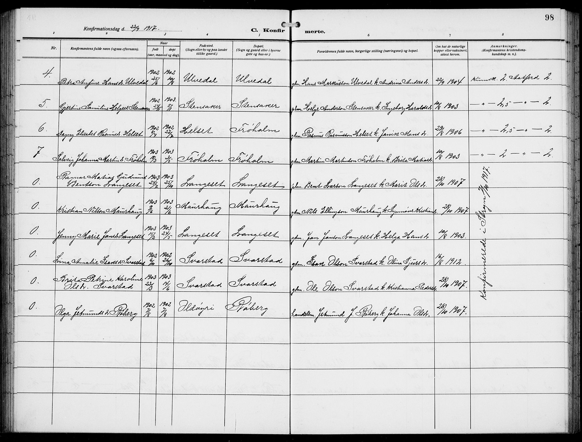 Innvik sokneprestembete, AV/SAB-A-80501: Parish register (copy) no. A 4, 1913-1936, p. 98