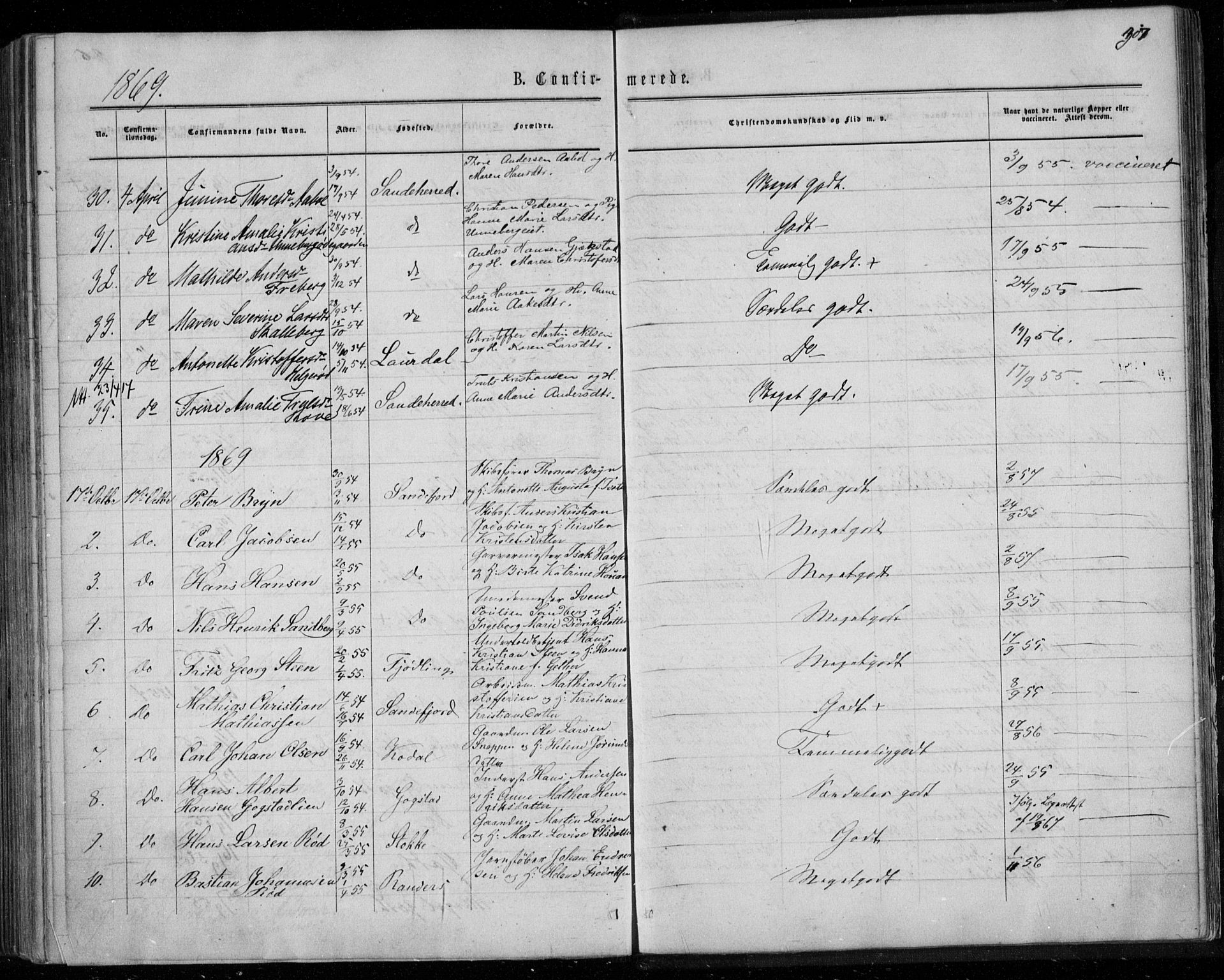 Sandar kirkebøker, SAKO/A-243/F/Fa/L0008: Parish register (official) no. 8, 1862-1871, p. 307