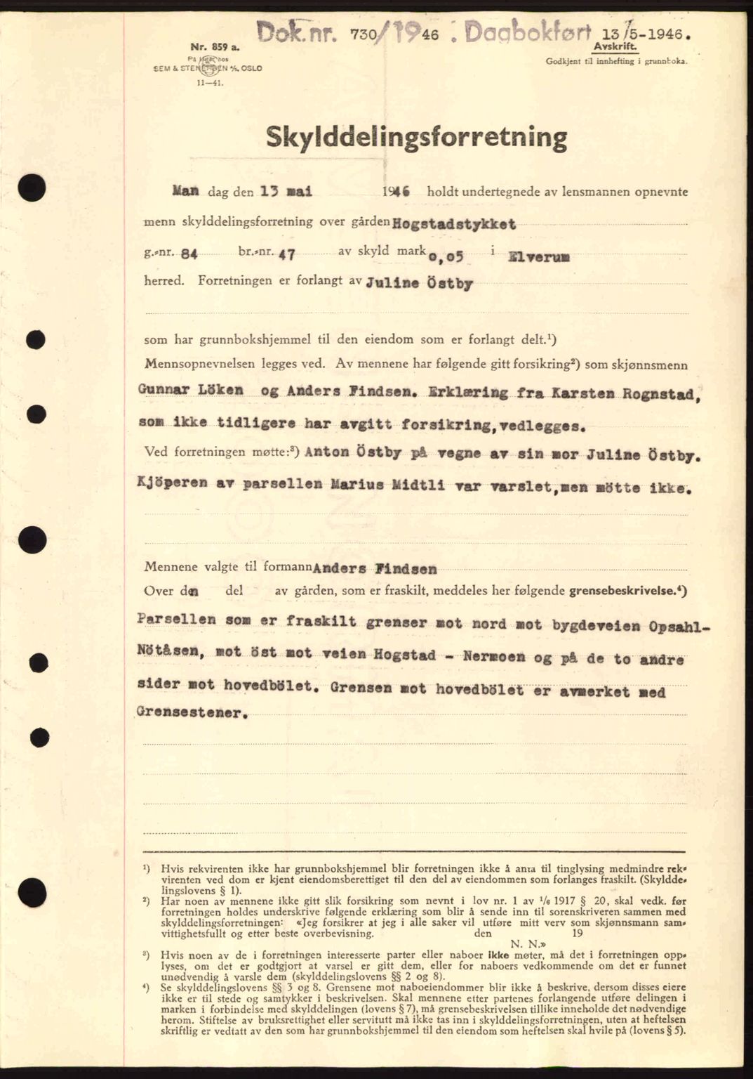 Sør-Østerdal sorenskriveri, AV/SAH-TING-018/H/Hb/Hbb/L0074: Mortgage book no. A74, 1946-1946, Diary no: : 730/1946