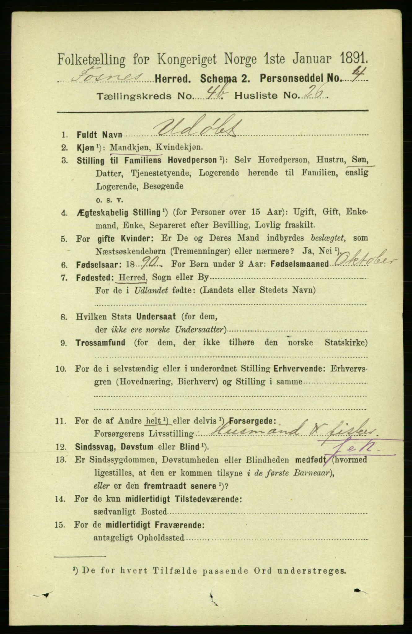 RA, 1891 census for 1748 Fosnes, 1891, p. 1888