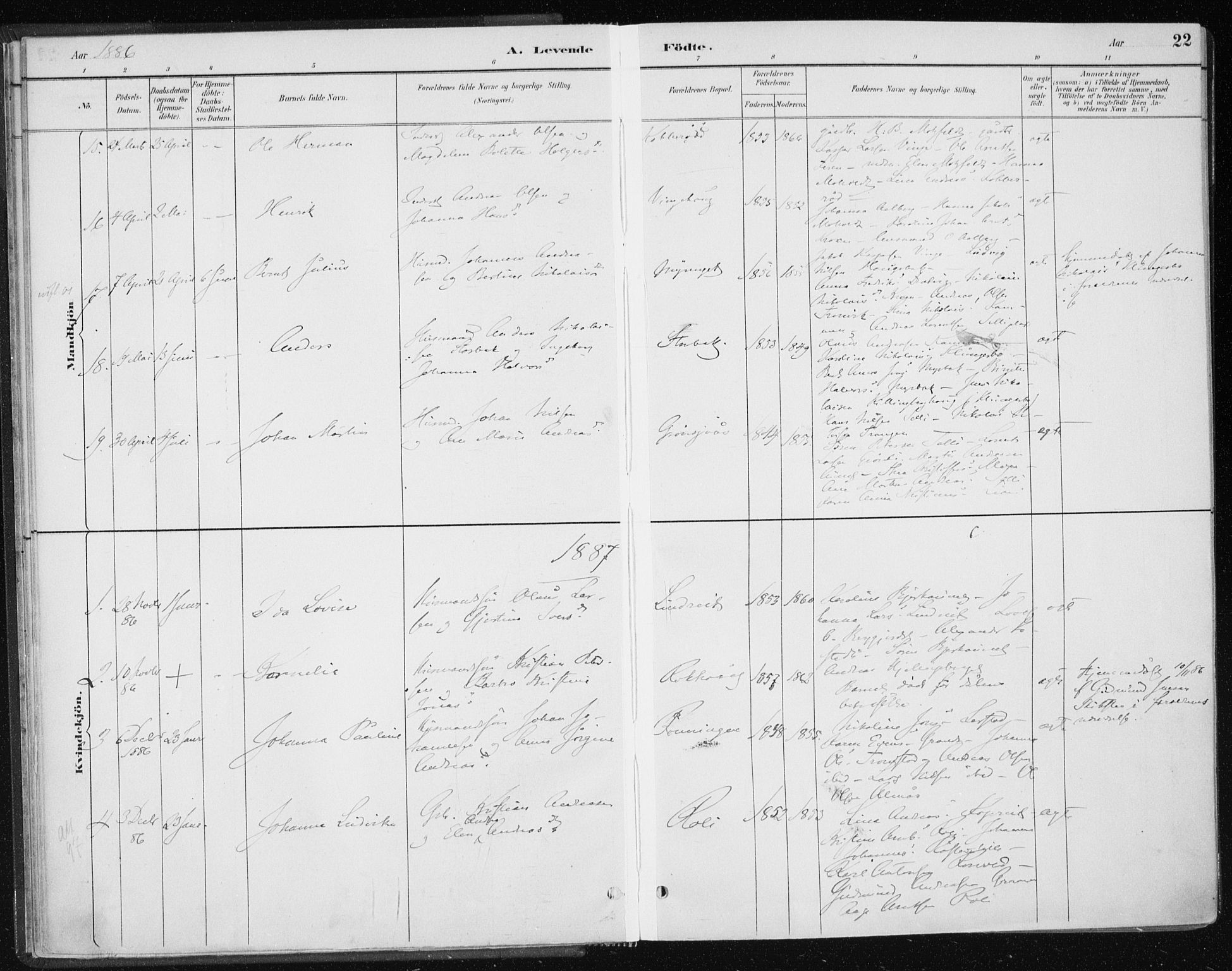 Ministerialprotokoller, klokkerbøker og fødselsregistre - Nord-Trøndelag, SAT/A-1458/701/L0010: Parish register (official) no. 701A10, 1883-1899, p. 22
