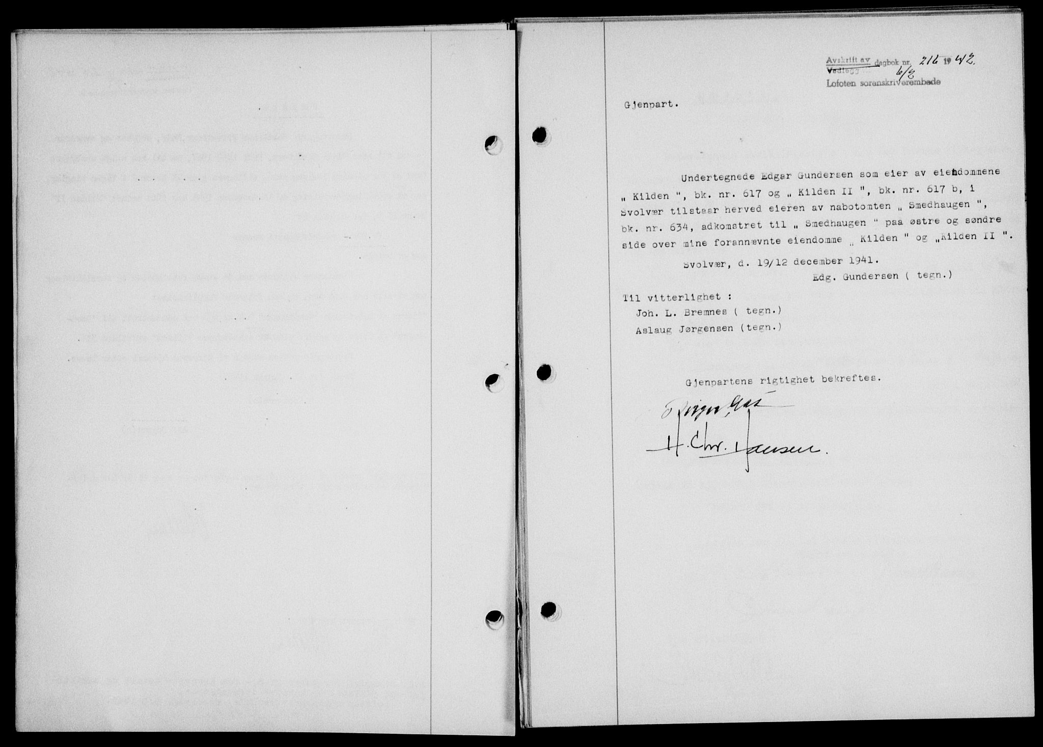 Lofoten sorenskriveri, SAT/A-0017/1/2/2C/L0009a: Mortgage book no. 9a, 1941-1942, Diary no: : 216/1942