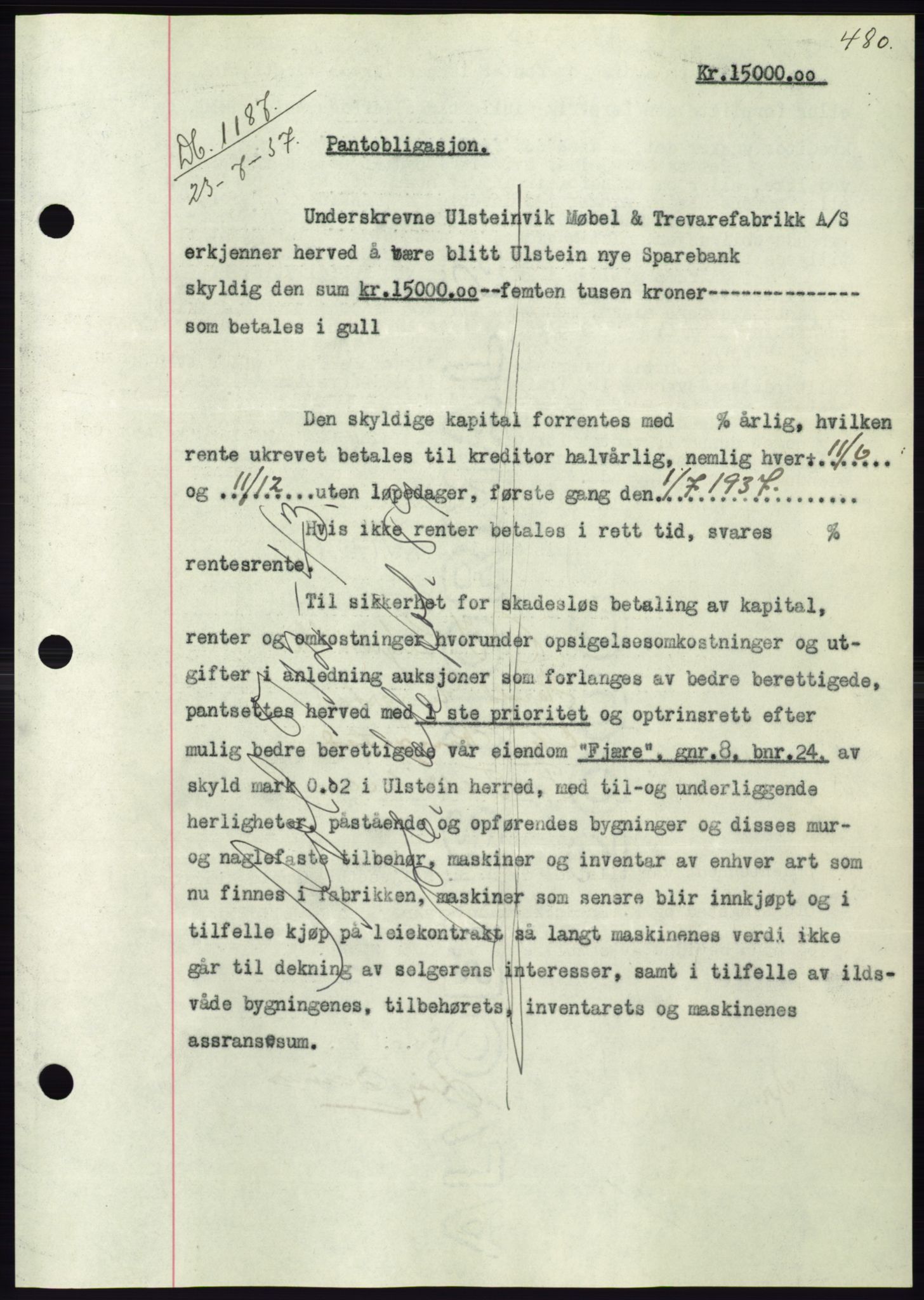 Søre Sunnmøre sorenskriveri, AV/SAT-A-4122/1/2/2C/L0063: Mortgage book no. 57, 1937-1937, Diary no: : 1187/1937