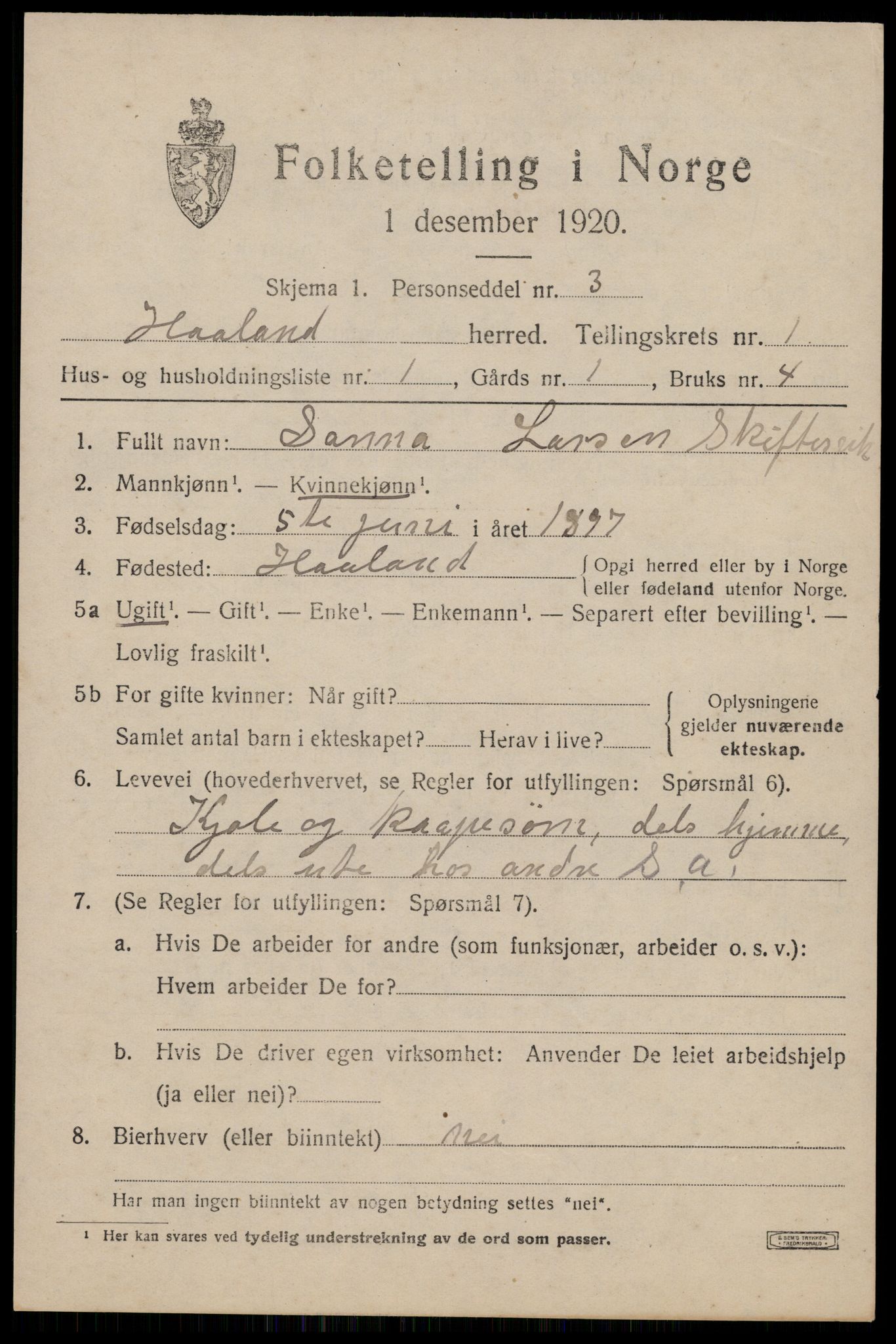 SAST, 1920 census for Håland, 1920, p. 1719