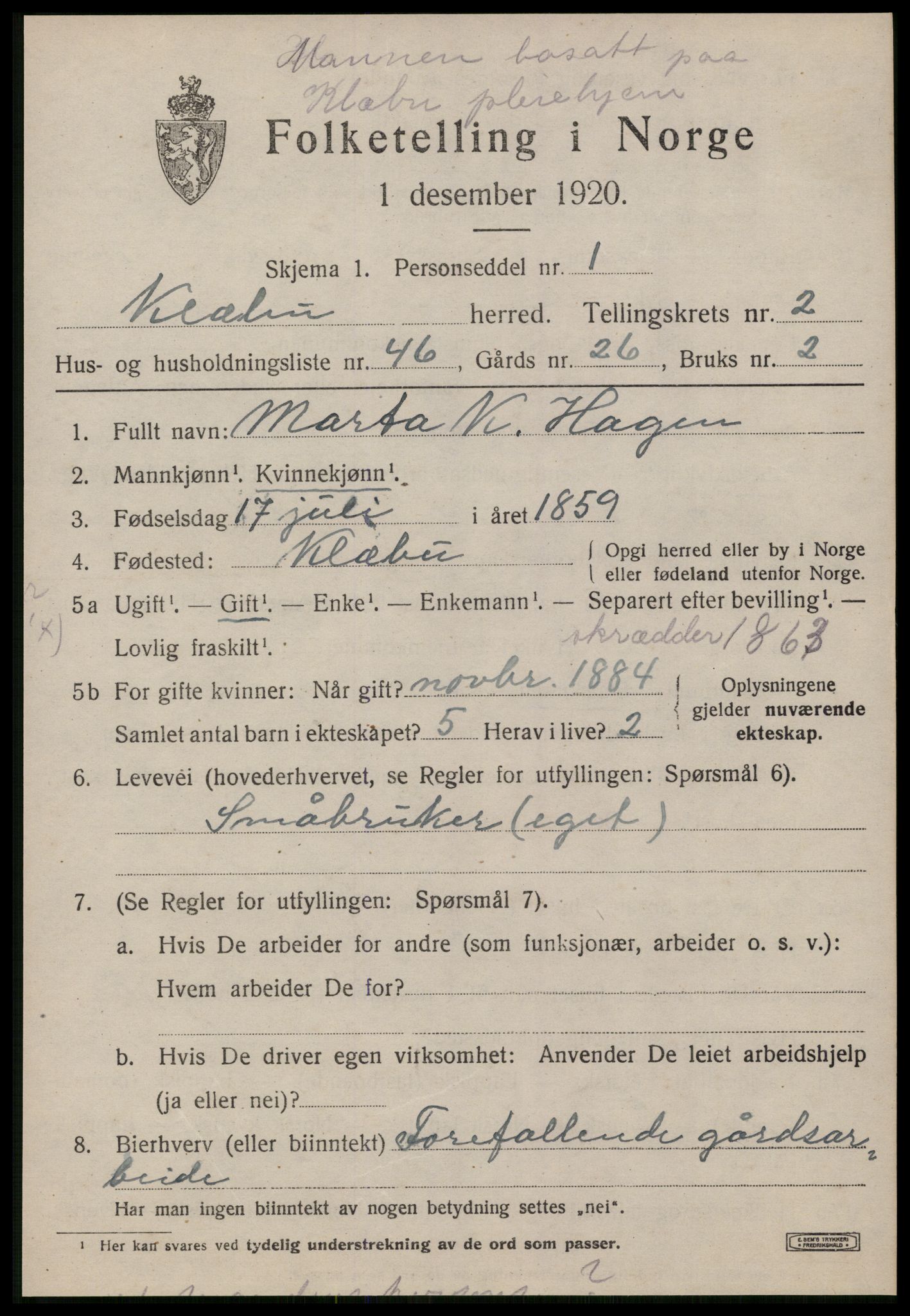 SAT, 1920 census for Klæbu, 1920, p. 1646