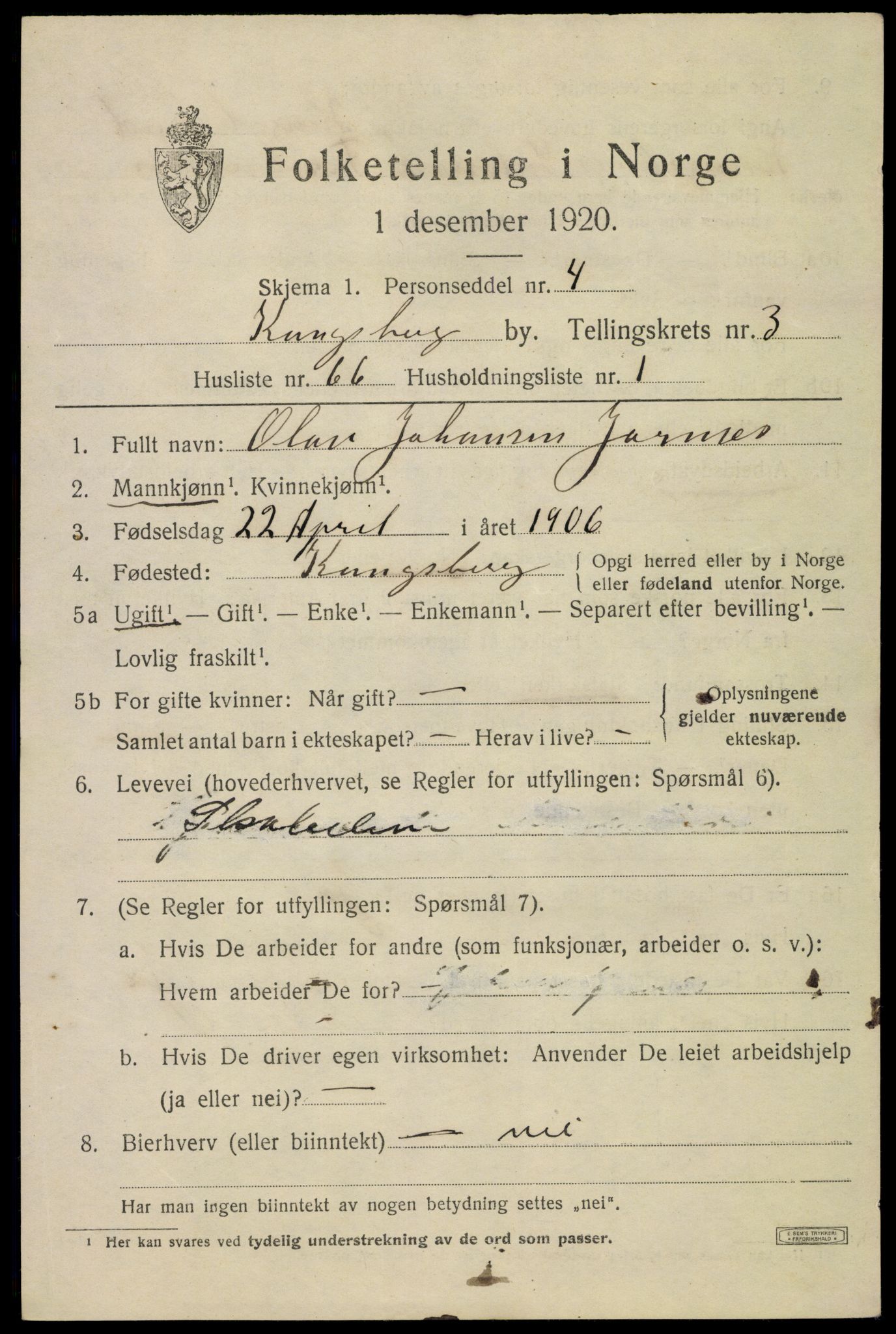 SAKO, 1920 census for Kongsberg, 1920, p. 10964