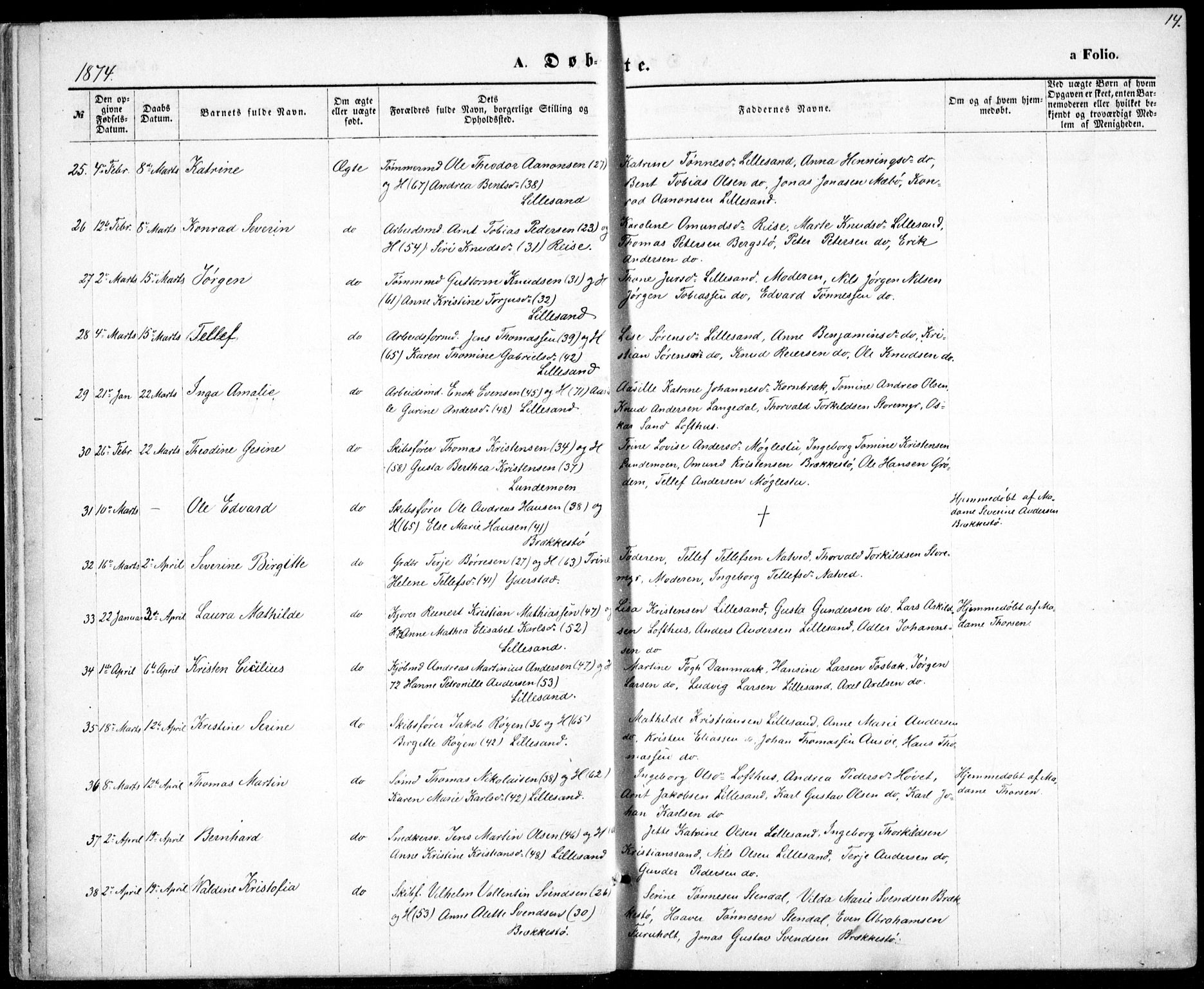 Vestre Moland sokneprestkontor, SAK/1111-0046/F/Fb/Fbb/L0005: Parish register (copy) no. B 5, 1872-1883, p. 14