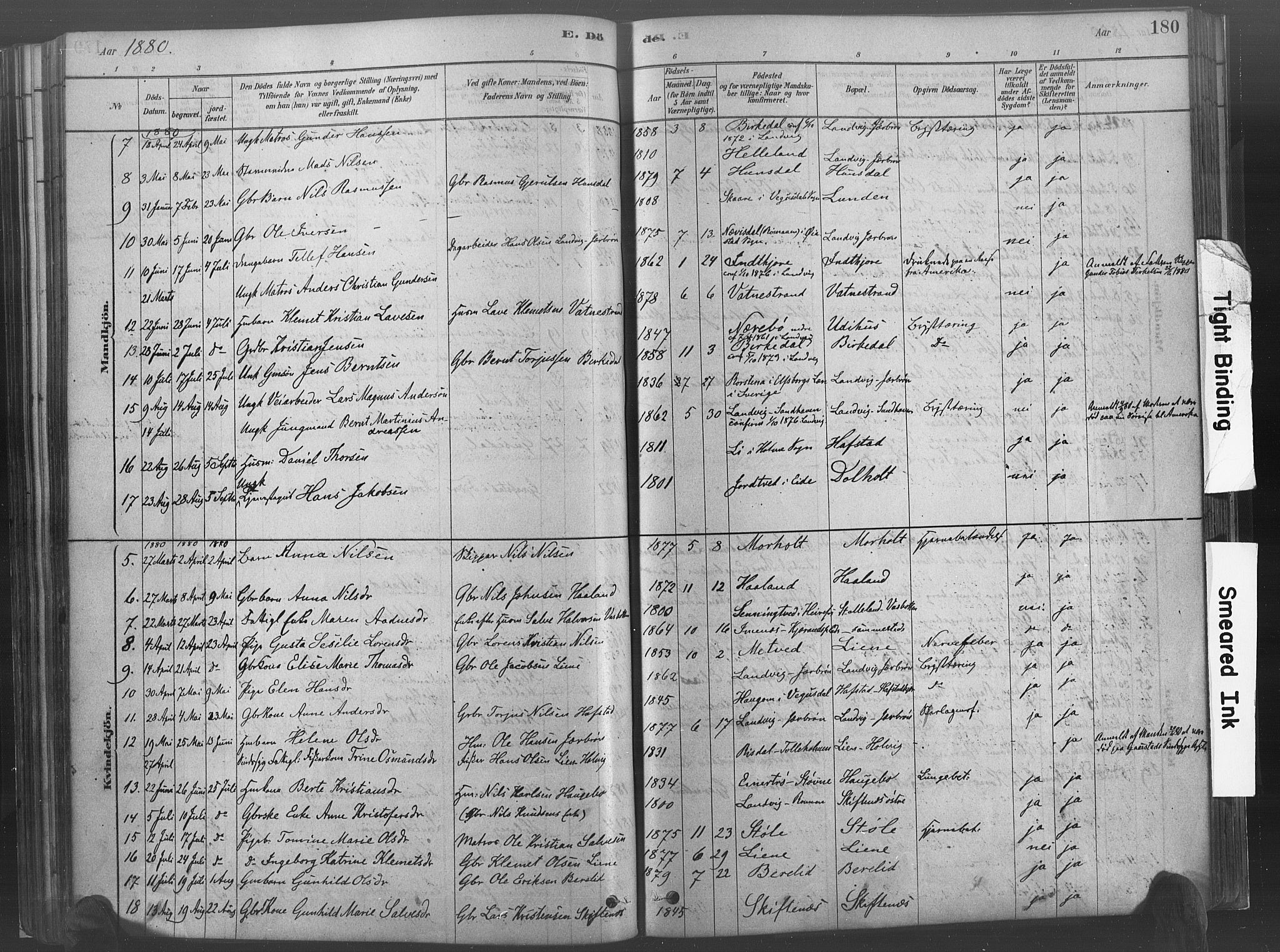 Hommedal sokneprestkontor, SAK/1111-0023/F/Fa/Fab/L0006: Parish register (official) no. A 6, 1878-1897, p. 180