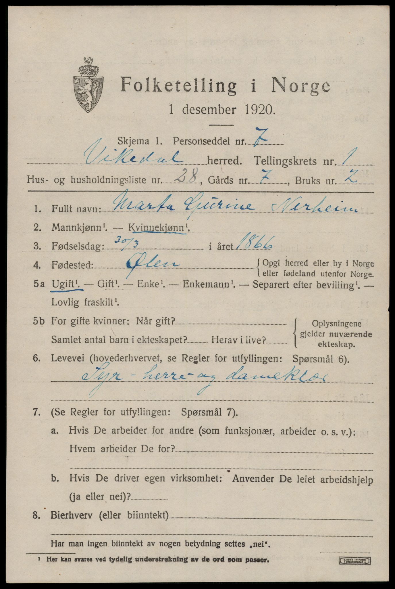 SAST, 1920 census for Vikedal, 1920, p. 1409