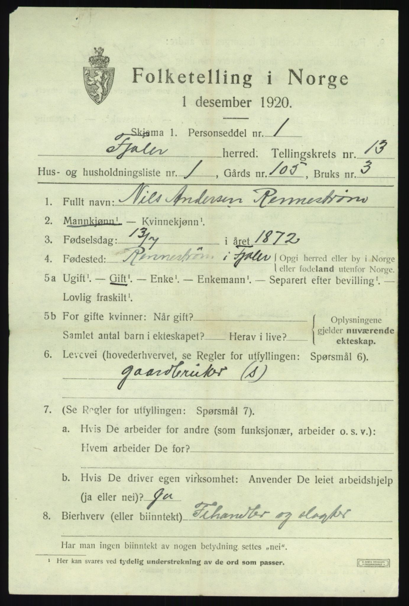 SAB, 1920 census for Fjaler, 1920, p. 7193