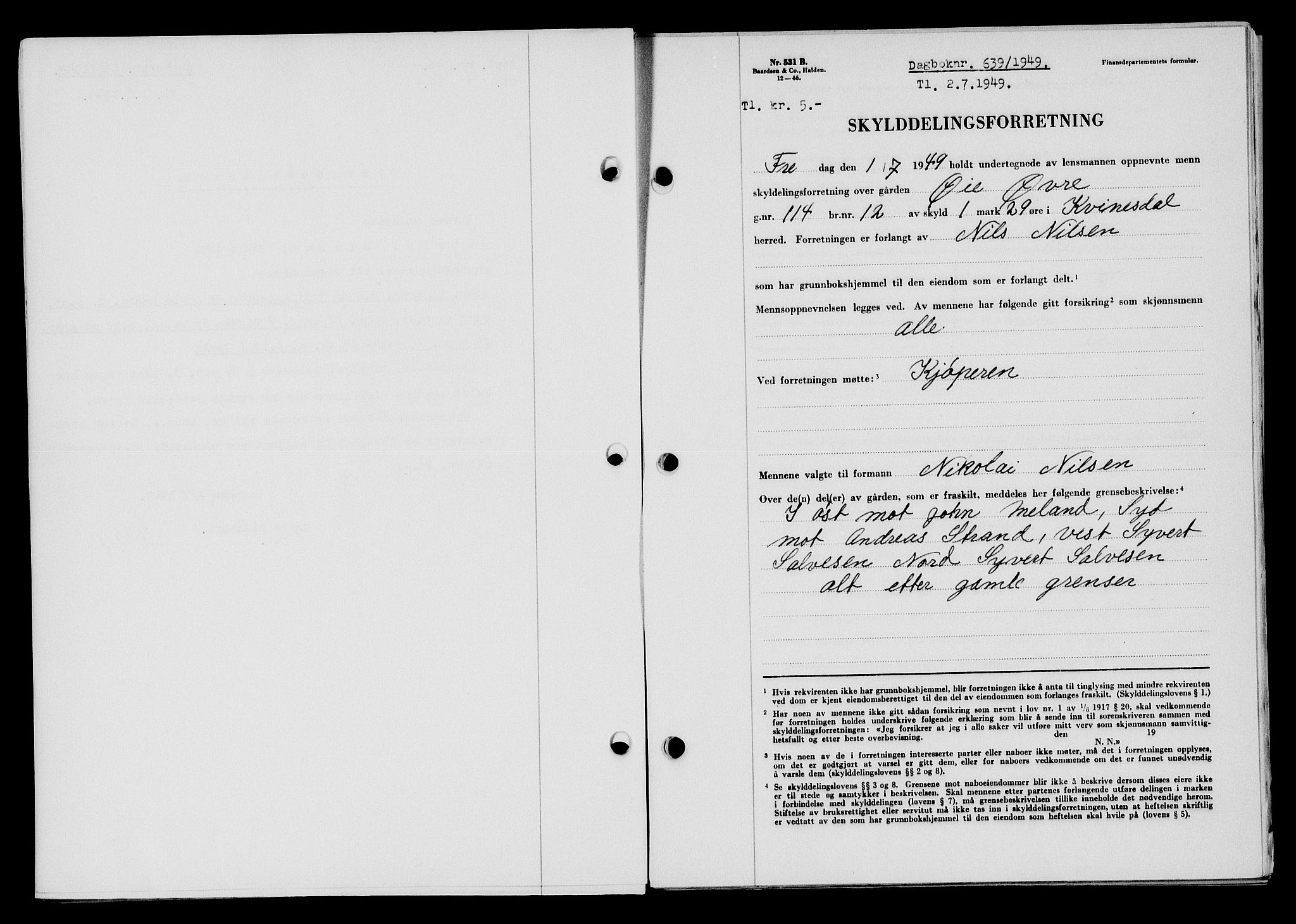 Flekkefjord sorenskriveri, SAK/1221-0001/G/Gb/Gba/L0065: Mortgage book no. A-13, 1949-1949, Diary no: : 639/1949