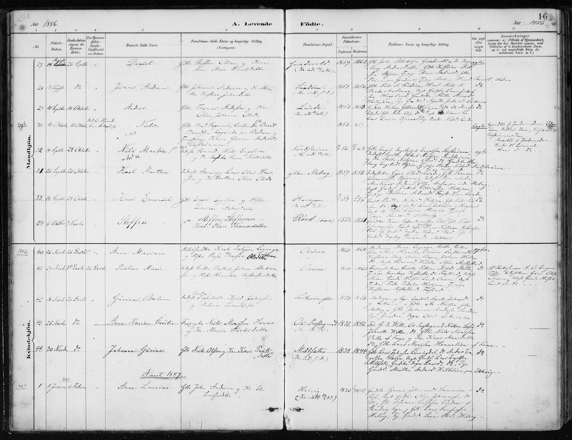 Os sokneprestembete, SAB/A-99929: Parish register (official) no. B 1, 1885-1902, p. 16